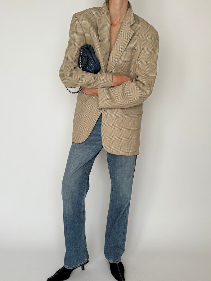 Vintage Checked Wool-Silk-Linen Blazer Beige 6636