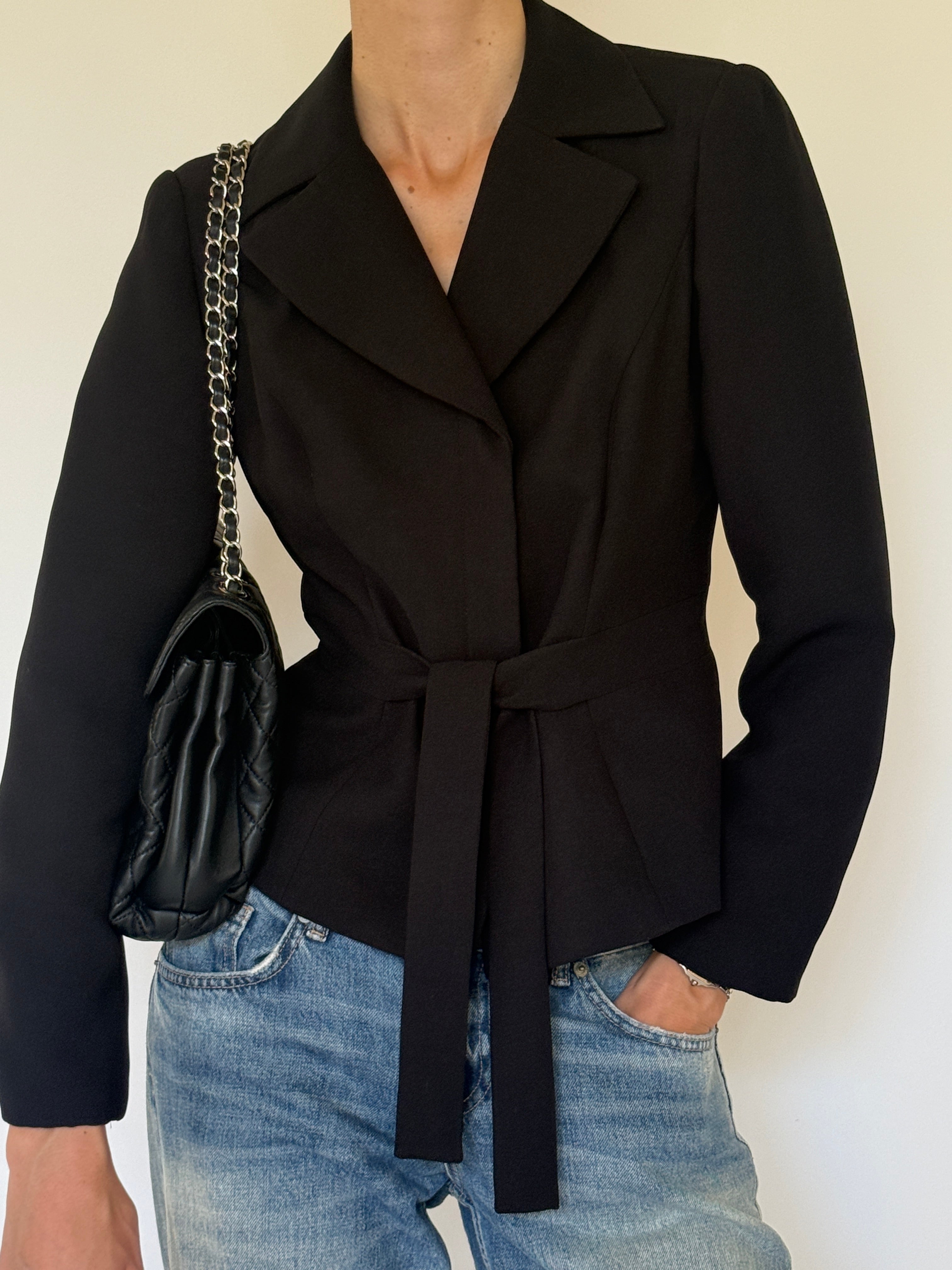 Vintage black belted wrap blazer front view