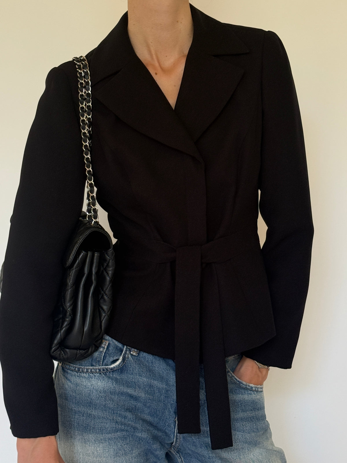 Vintage black belted wrap blazer front view