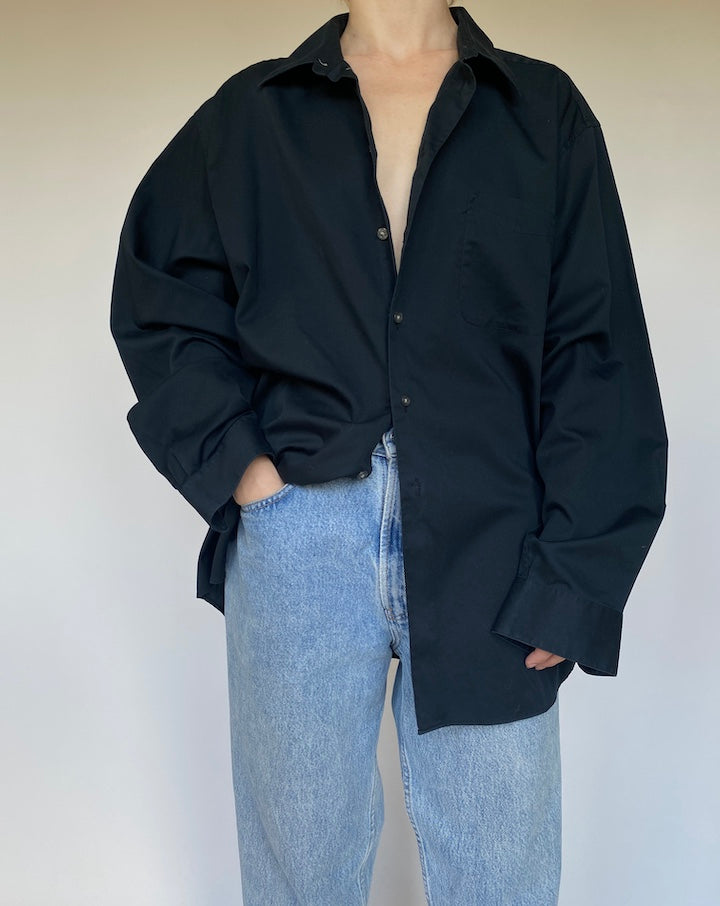 VINTAGE OVERSIZED BLACK BUTTON DOWN LONG SLEEVE SHIRT 3478