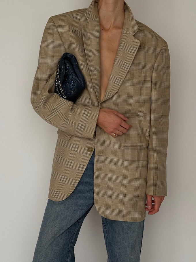 Vintage Checked Wool-Silk-Linen Blazer Beige 6636