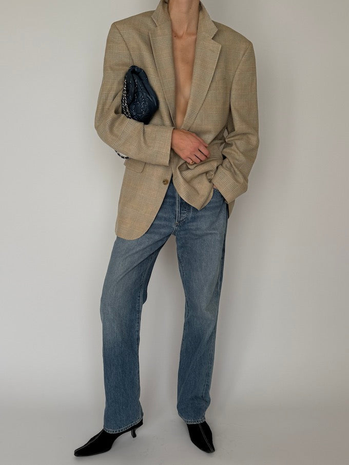 Vintage Checked Wool-Silk-Linen Blazer Beige 6636