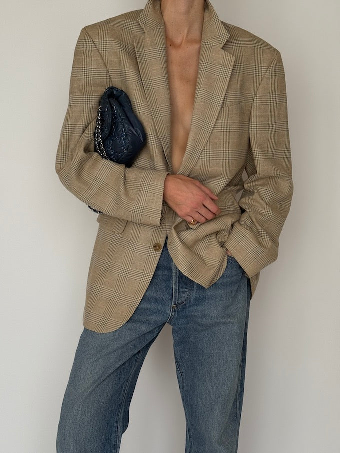 Vintage Checked Wool-Silk-Linen Blazer Beige 6636