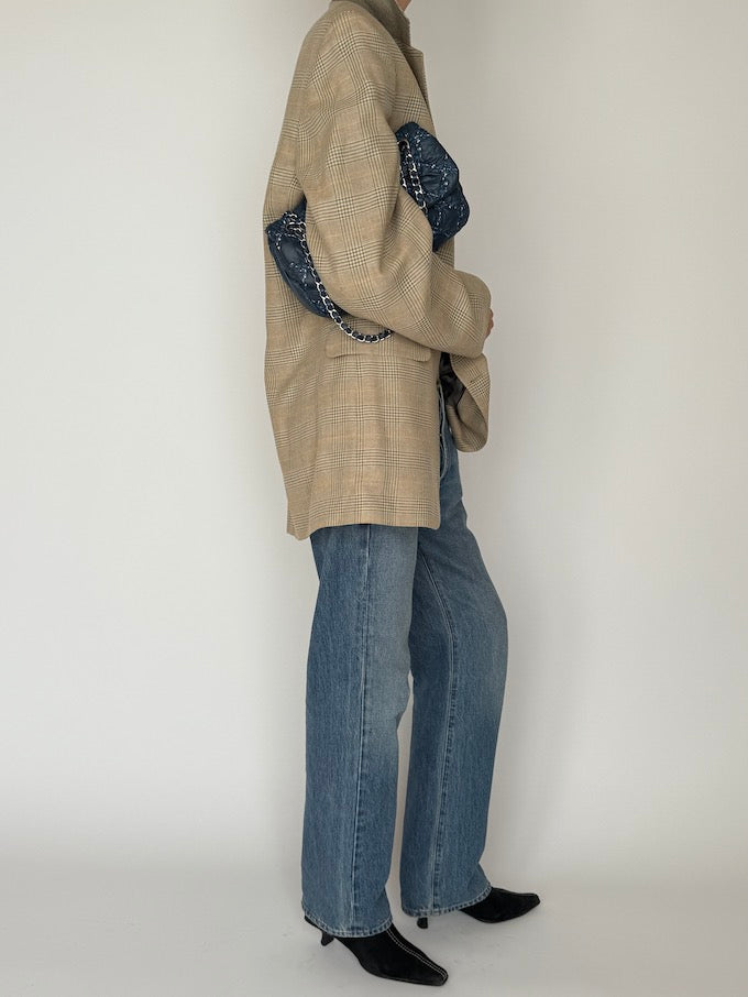 Vintage Checked Wool-Silk-Linen Blazer Beige 6636