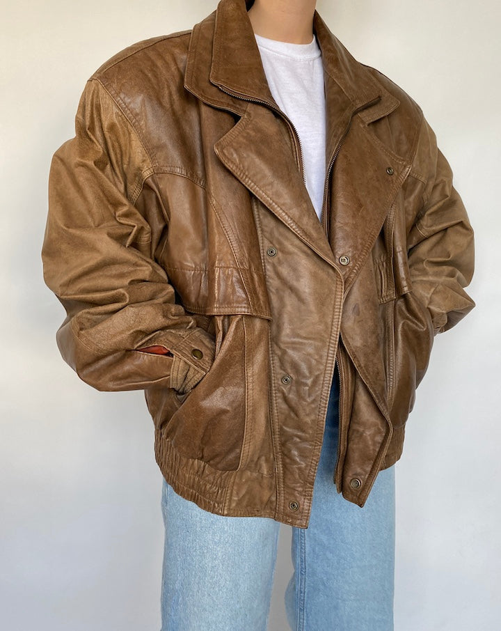 VINTAGE OVERSIZED BROWN BOXY LEATHER JACKET 412