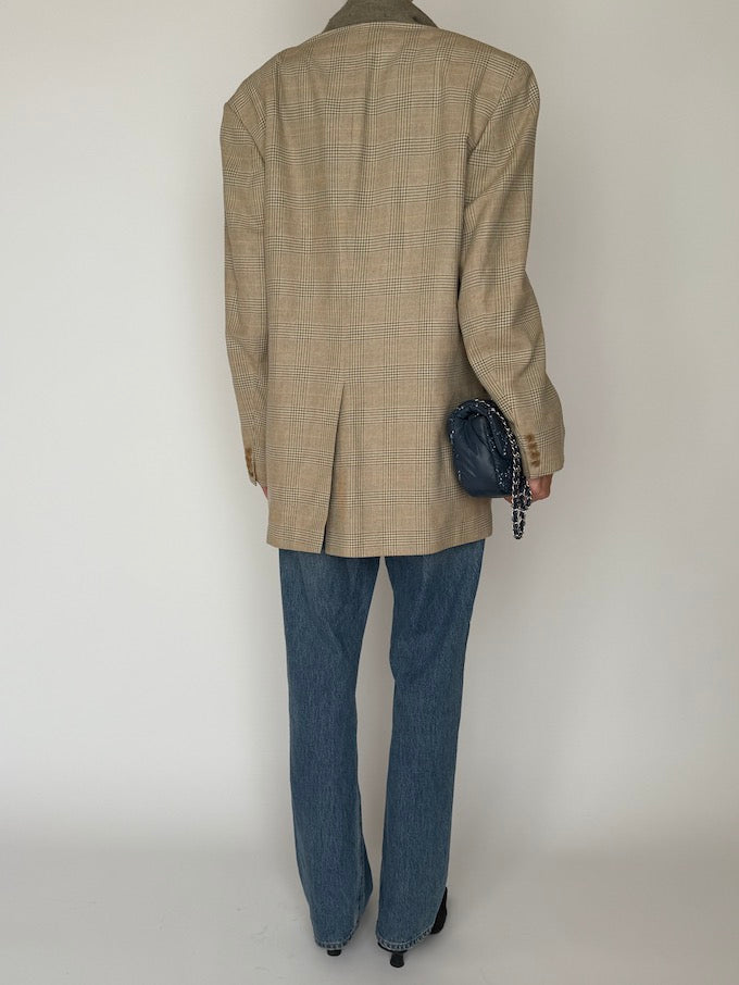 Vintage Checked Wool-Silk-Linen Blazer Beige 6636
