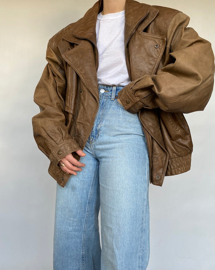 VINTAGE OVERSIZED BROWN BOXY LEATHER JACKET 412