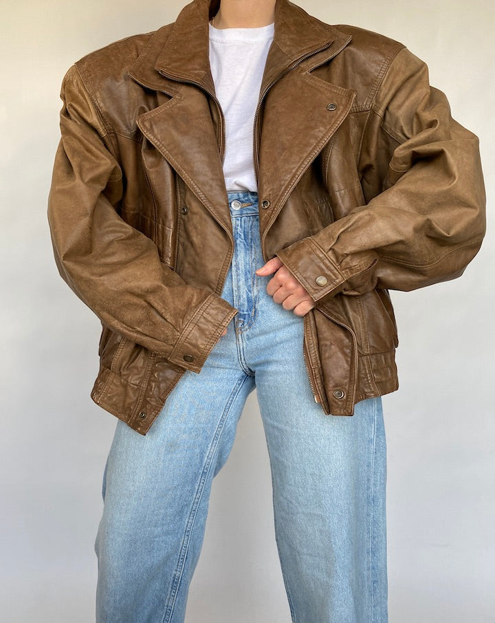 VINTAGE OVERSIZED BROWN BOXY LEATHER JACKET 412