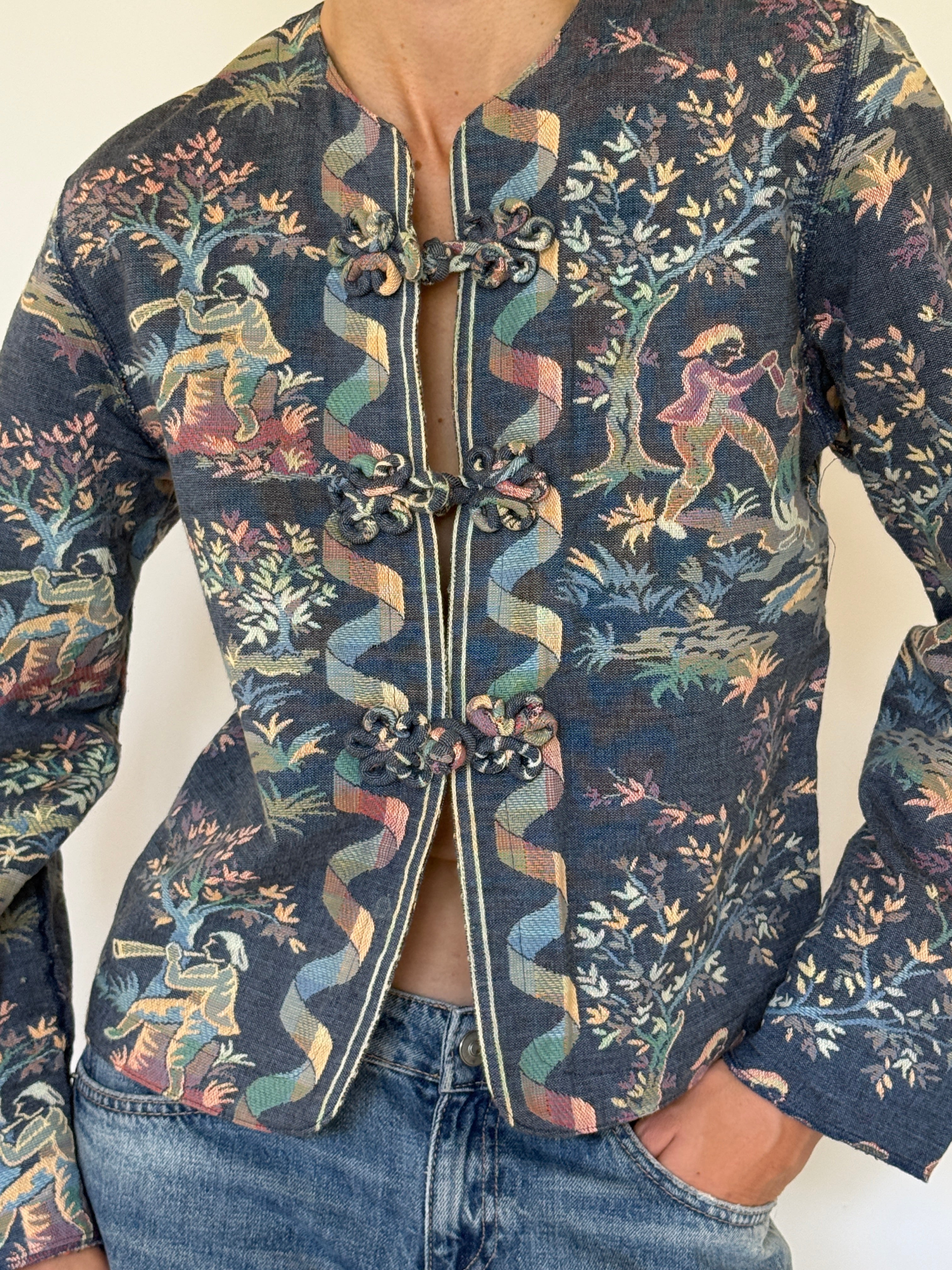 Vintage blue tapestry jacket front view