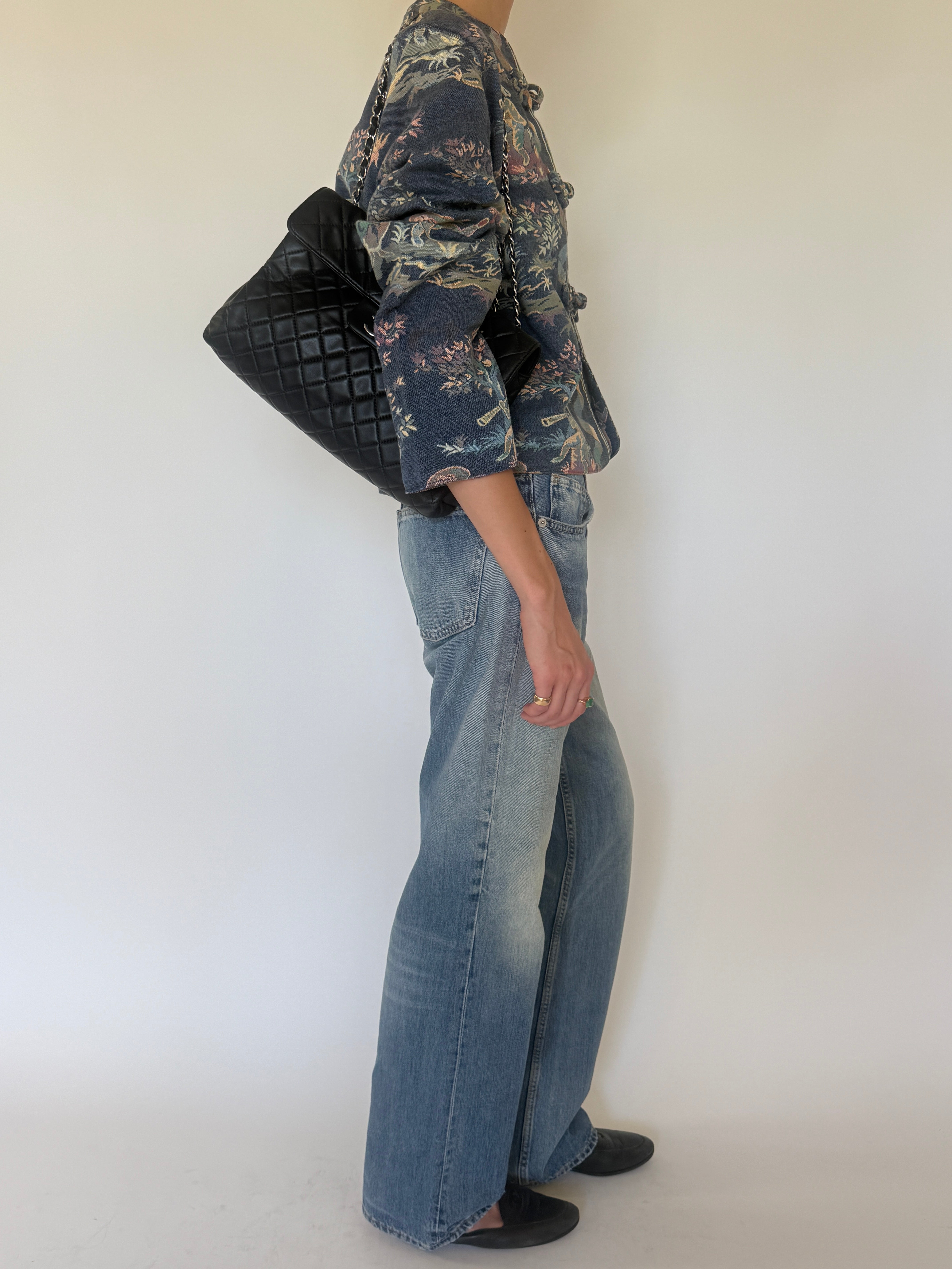 Vintage blue tapestry jacket side view