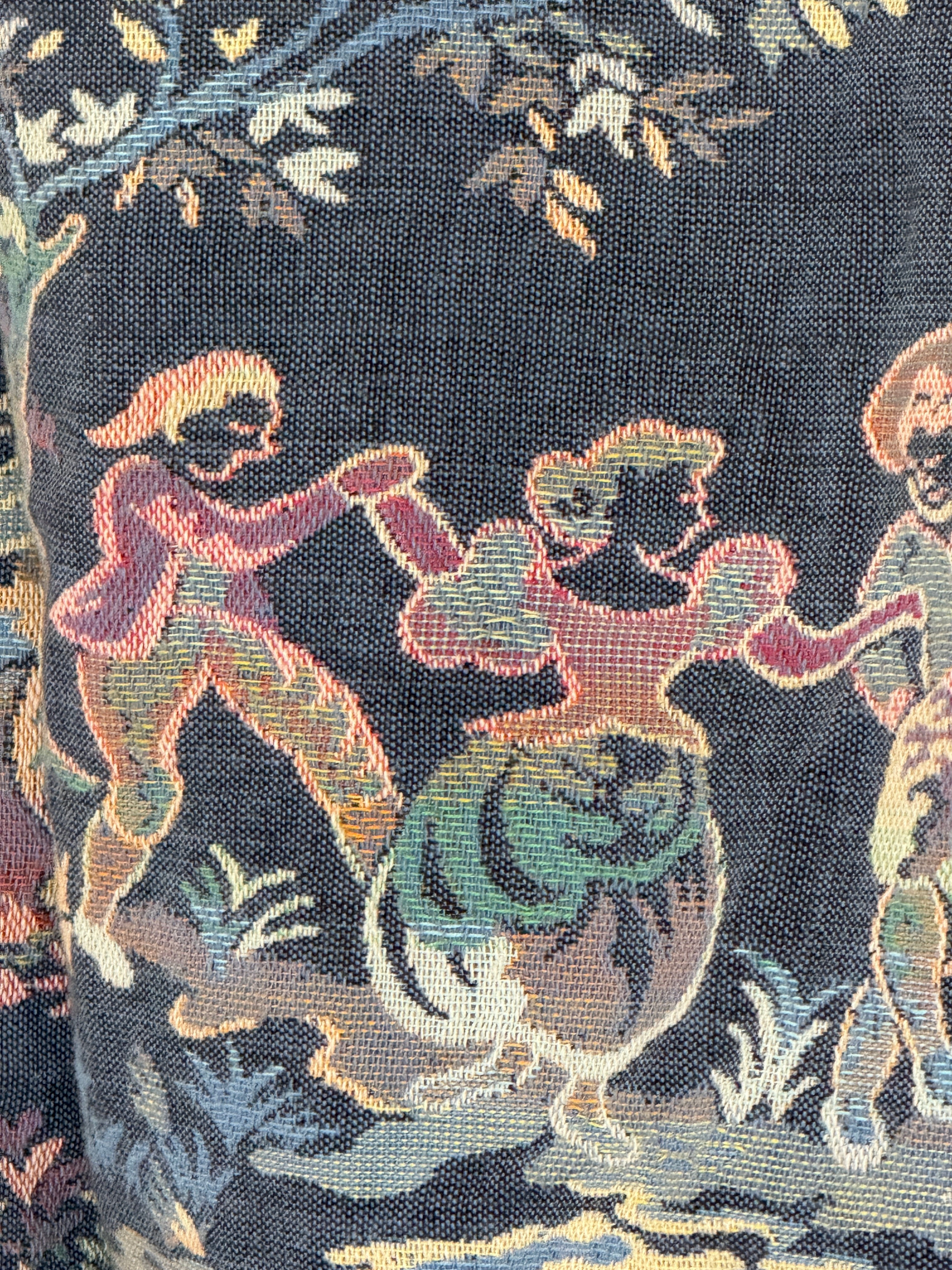 Vintage blue tapestry jacket woven fabric close-up