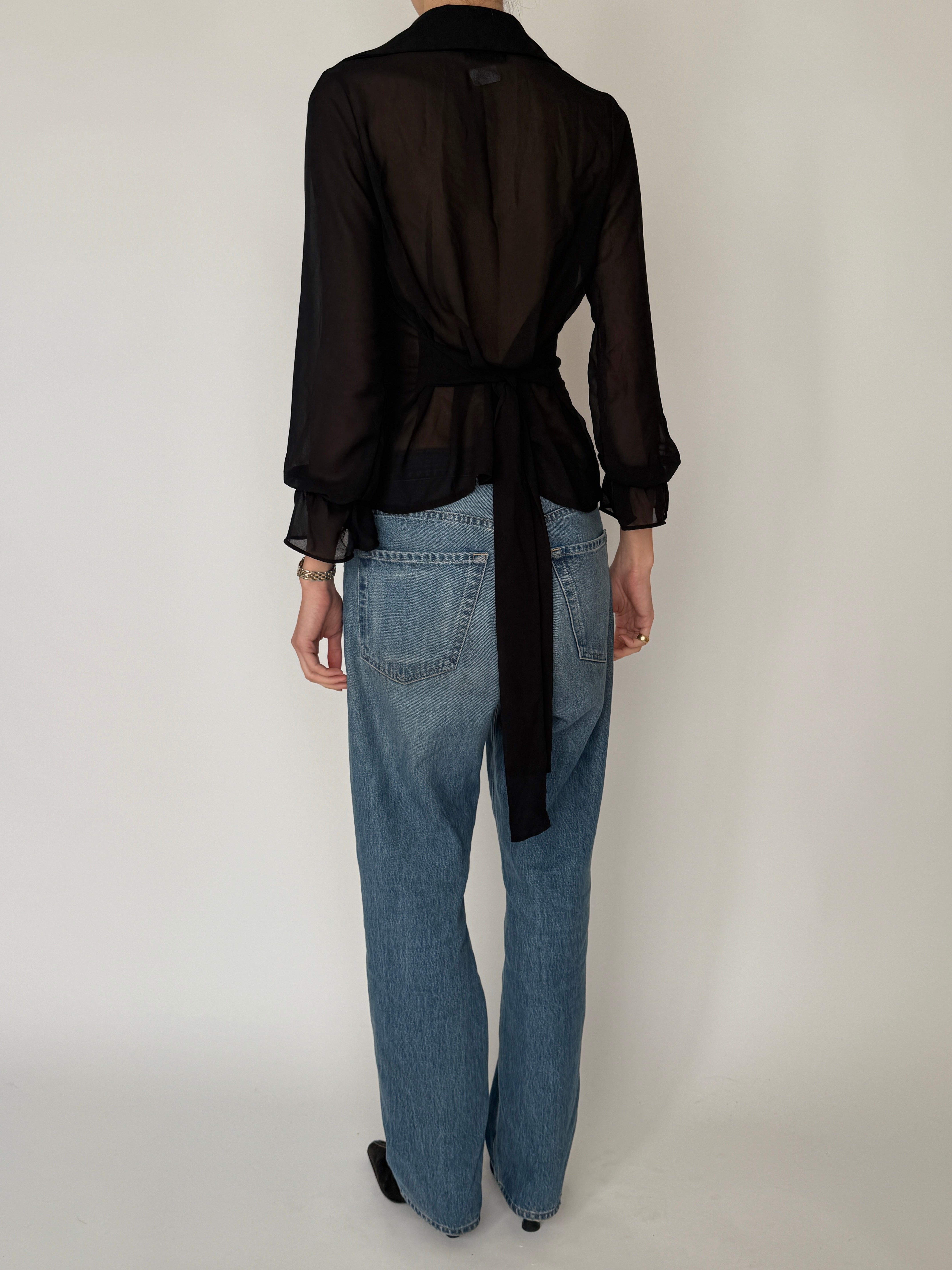 Vintage sheer ruched blouse black back view