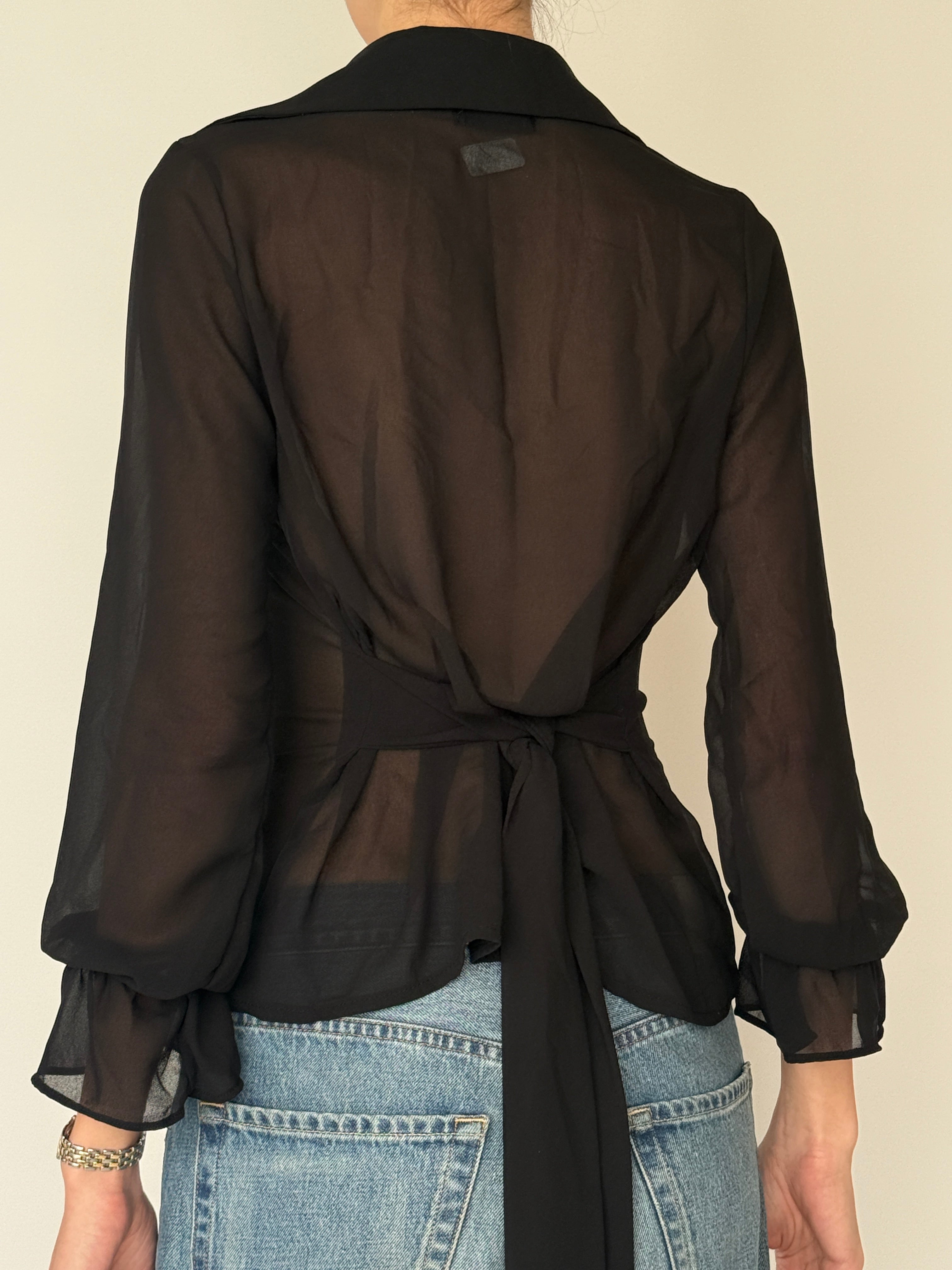 Vintage sheer ruched blouse black back view close-up