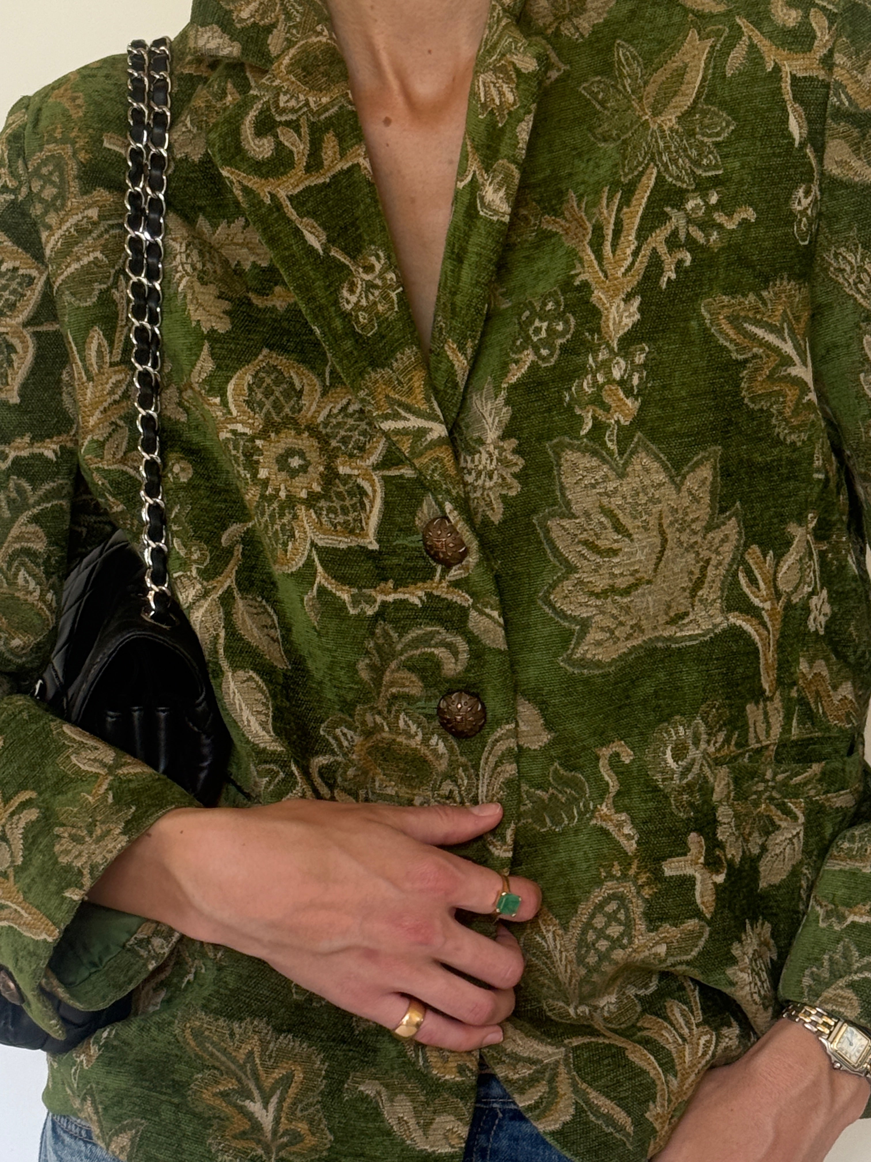 Vintage green floral tapestry fabric close-up