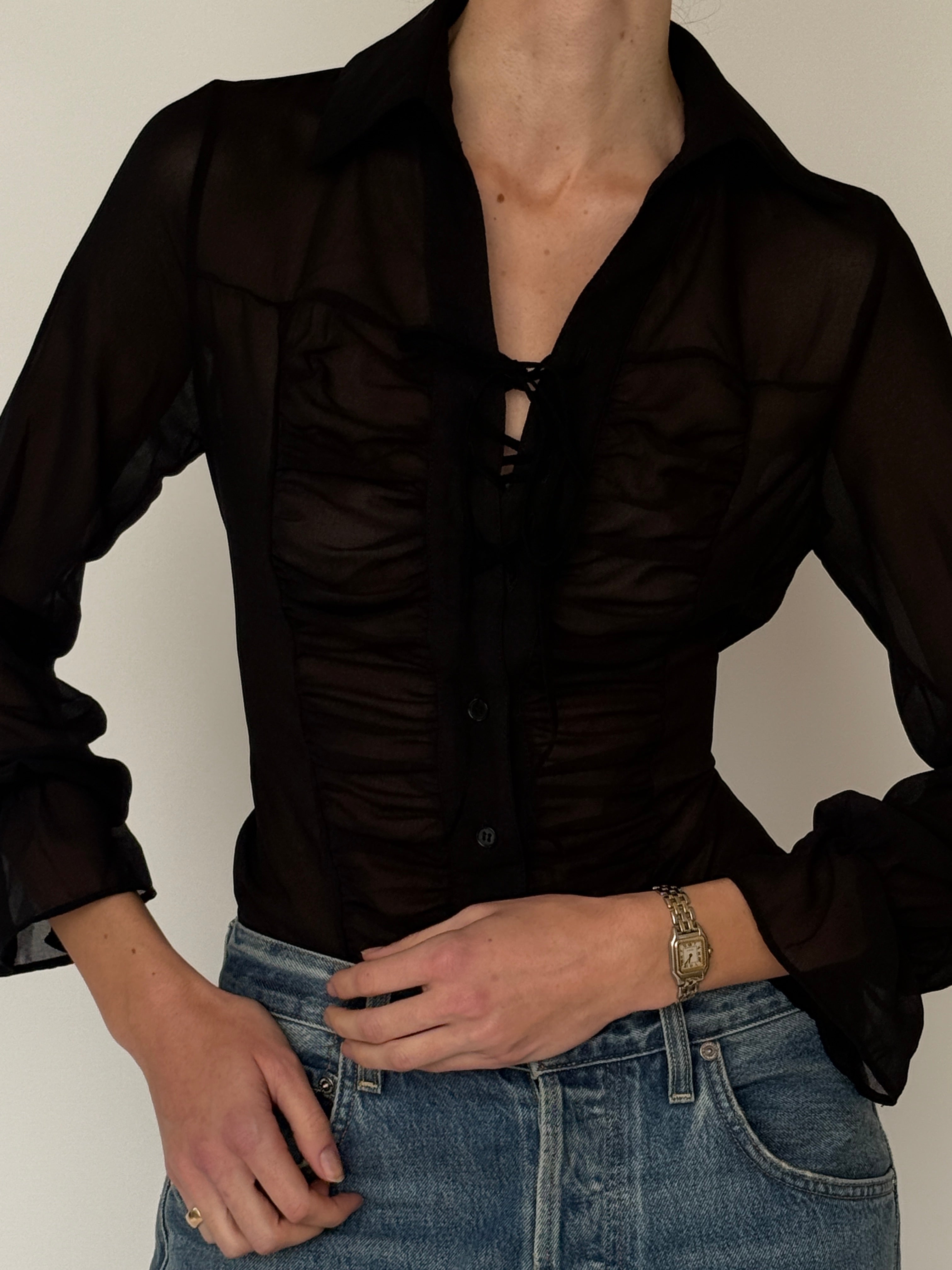 Vintage sheer blouse black lace-up neckline close up