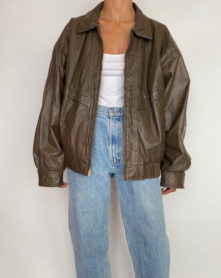 VINTAGE OVERSIZED BOXY BROWN LEATHER JACKET 2974