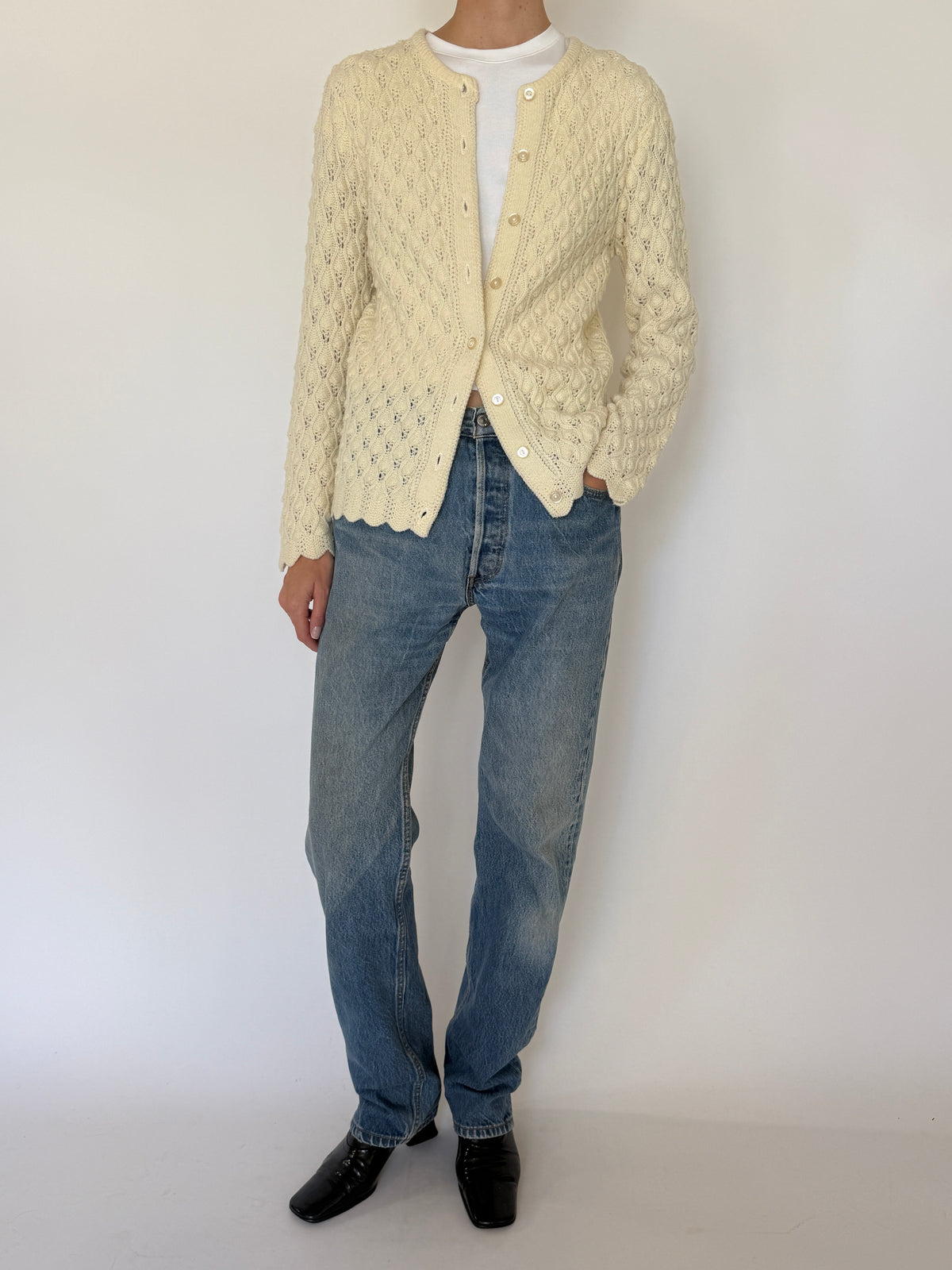 Vintage Pointelle Knit Cardigan Cream 7582