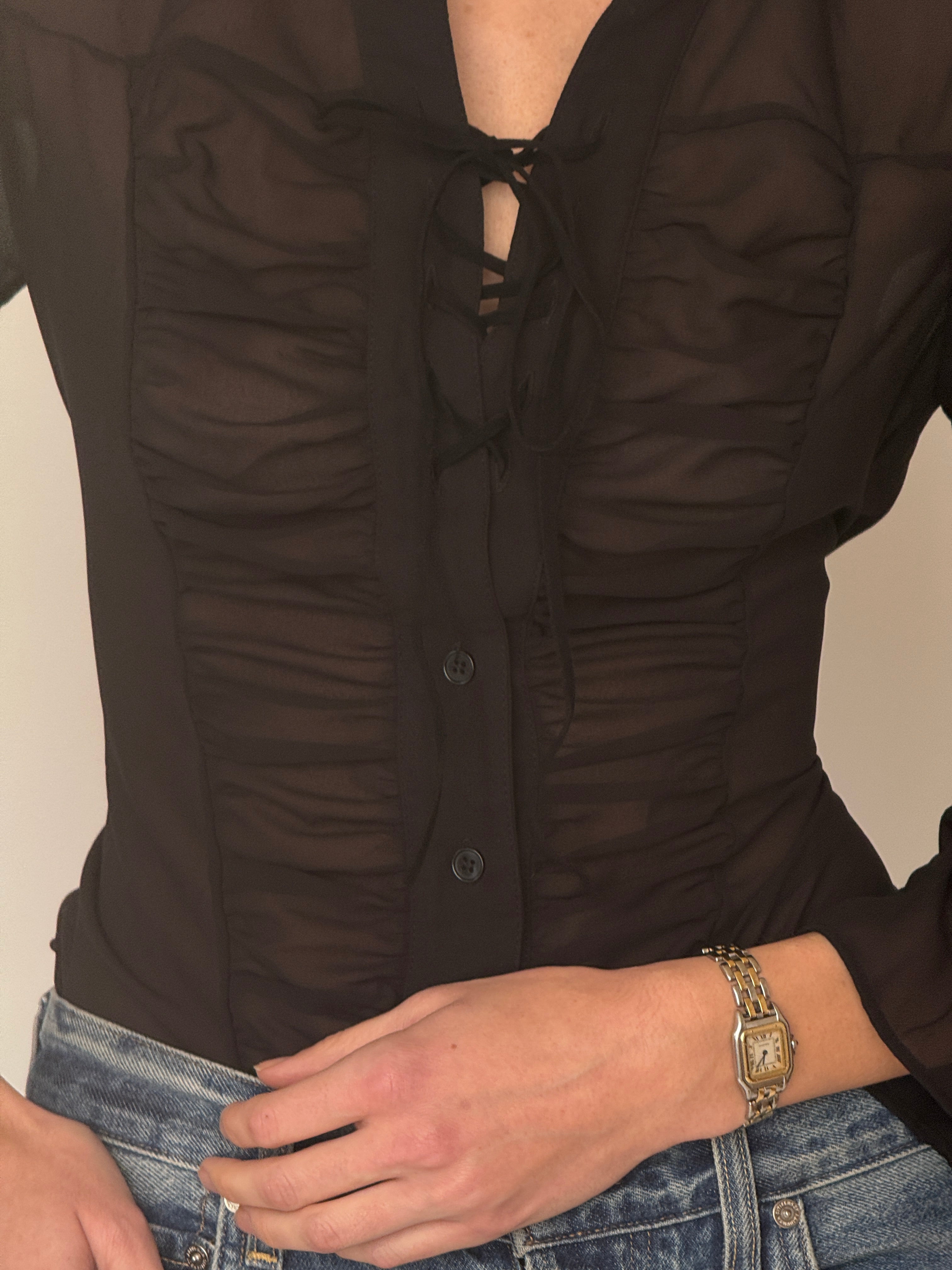Vintage sheer ruched tie-front blouse black front view