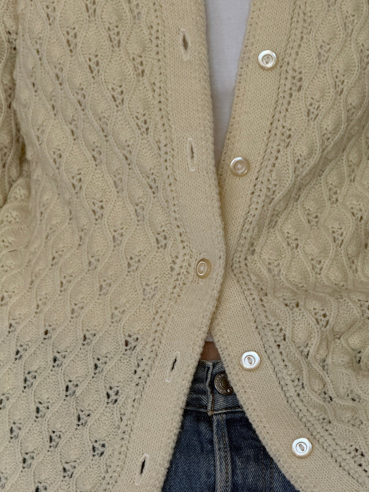 Vintage Pointelle Knit Cardigan Cream 7582
