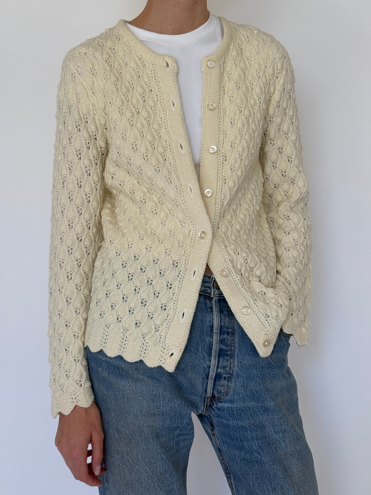 Vintage Pointelle Knit Cardigan Cream 7582