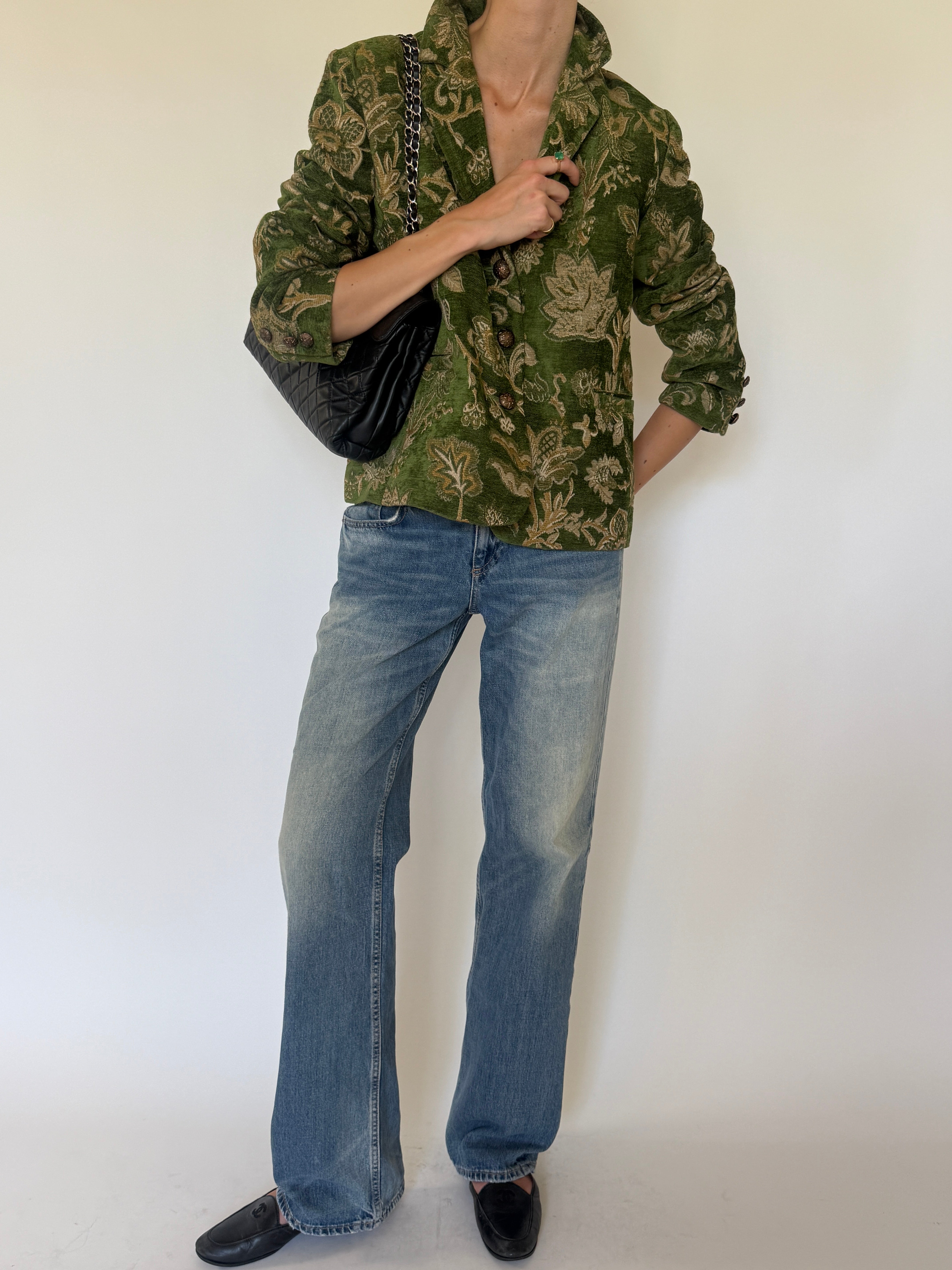 Vintage green floral blazer front view