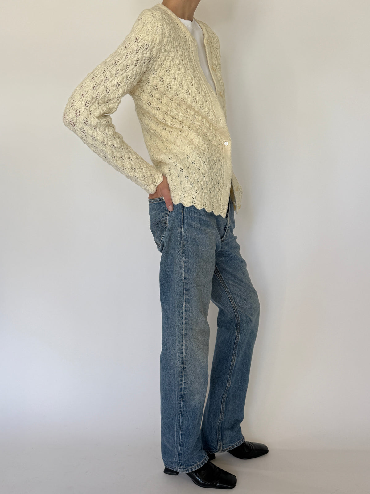Vintage Pointelle Knit Cardigan Cream 7582