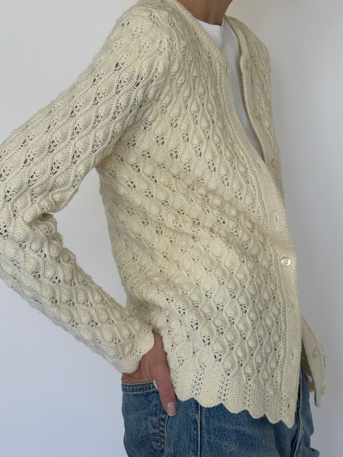Vintage Pointelle Knit Cardigan Cream 7582