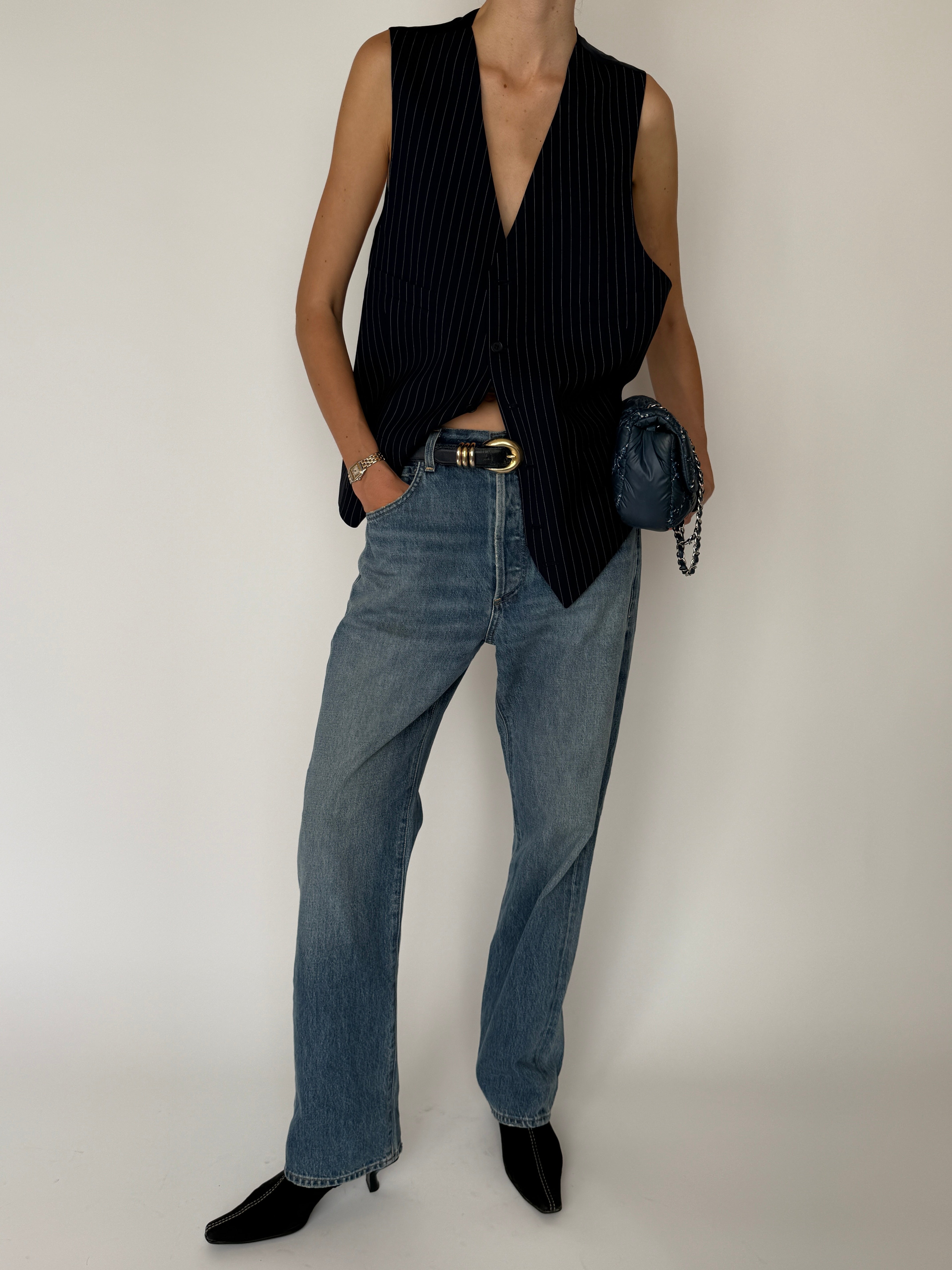 Vintage black pinstripe button-front vest top full-body