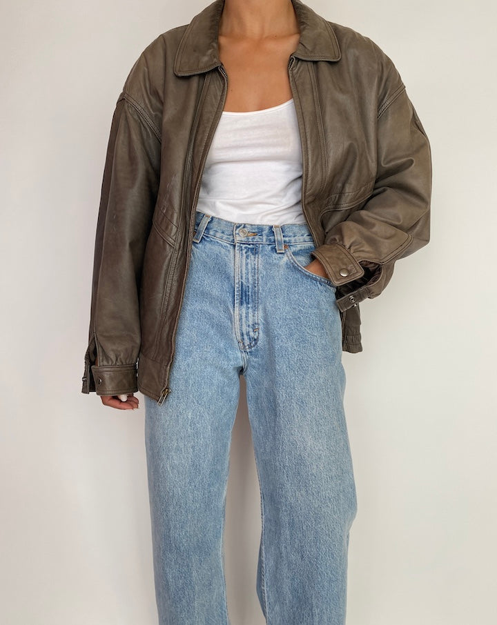 VINTAGE OVERSIZED BOXY BROWN LEATHER JACKET 2976