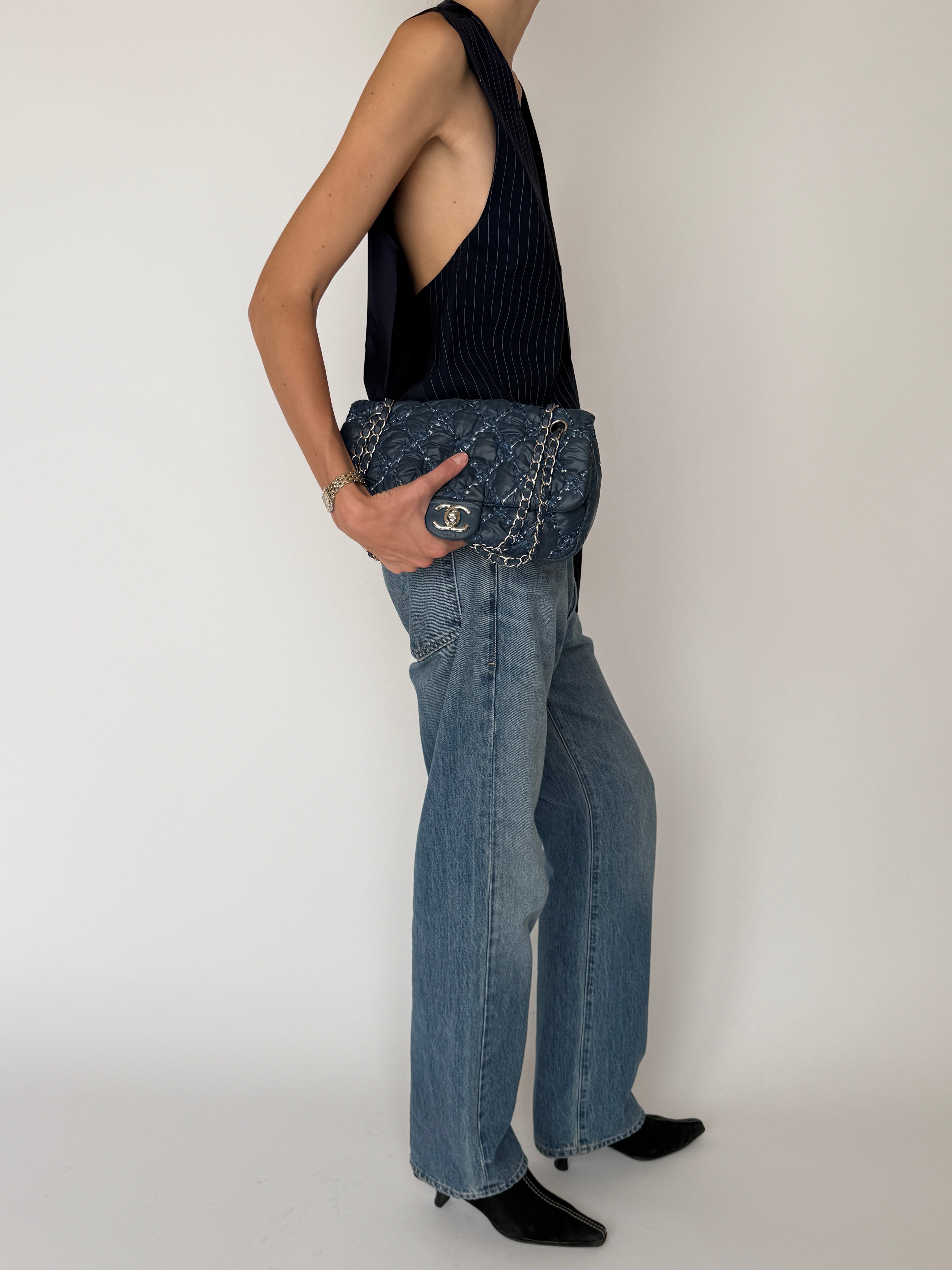 Vintage pinstripe tailored vest top navy side view