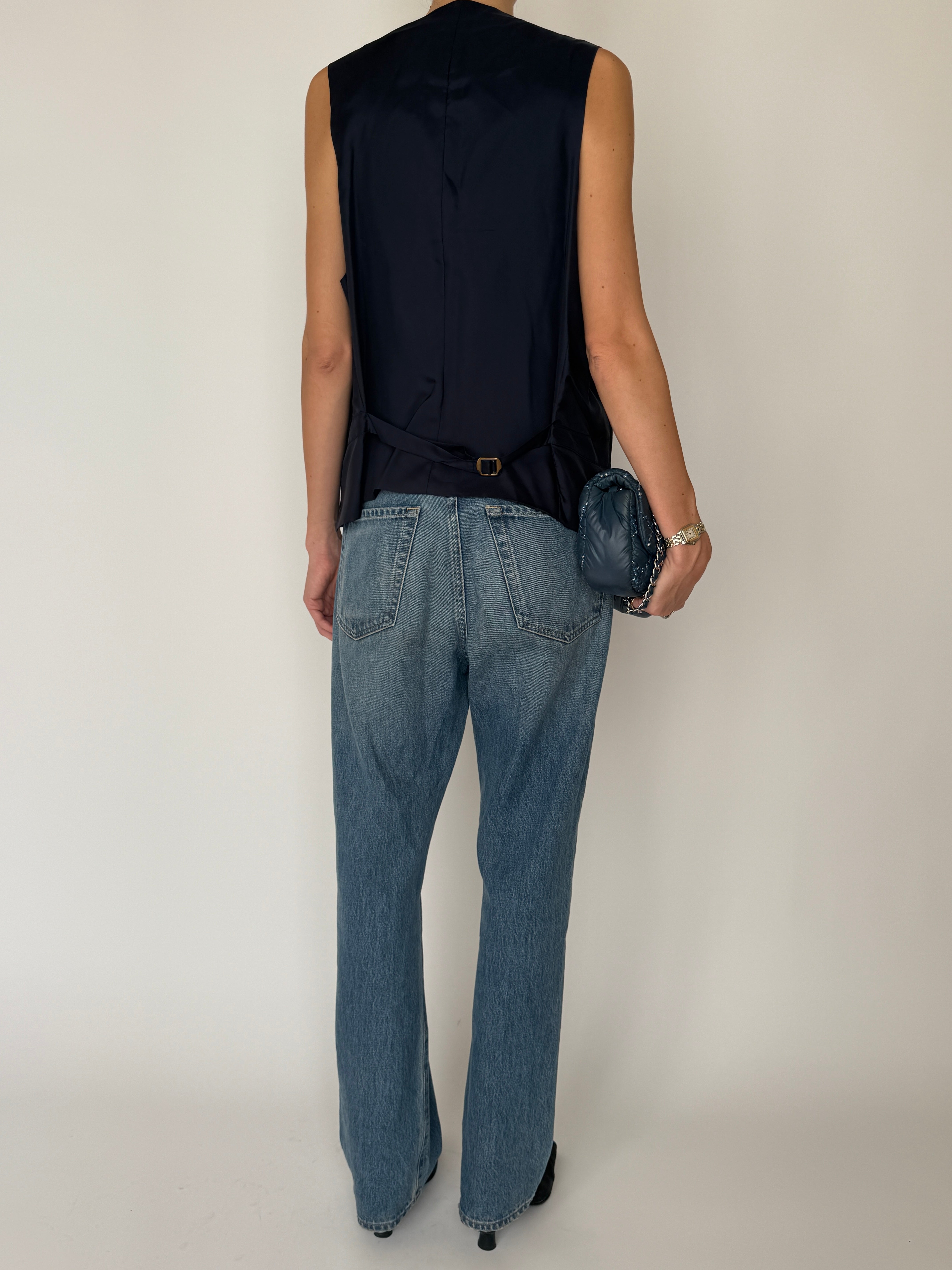 Vintage pinstripe tailored vest top navy back view