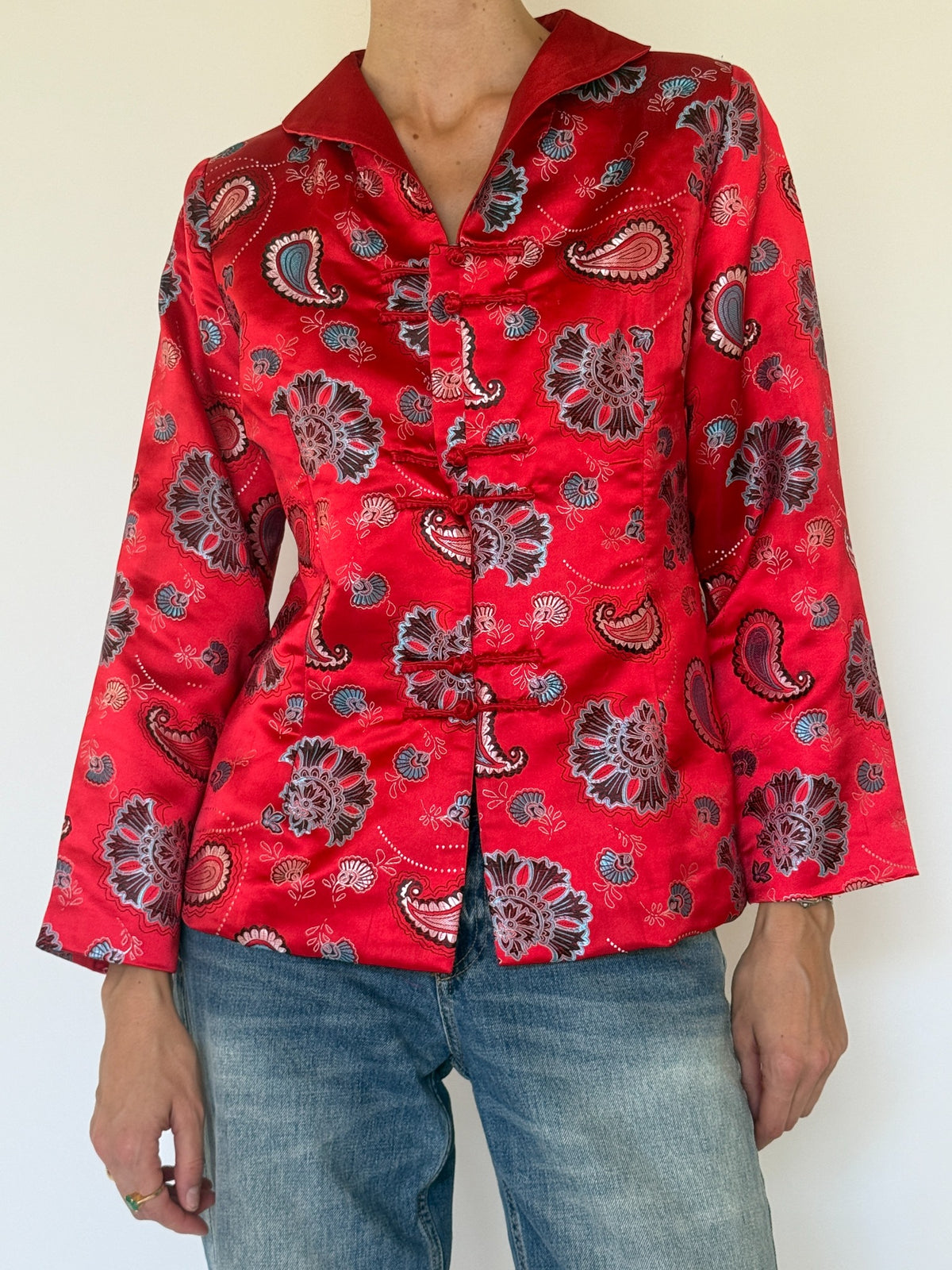 Vintage red satin paisley frog closure jacket front view