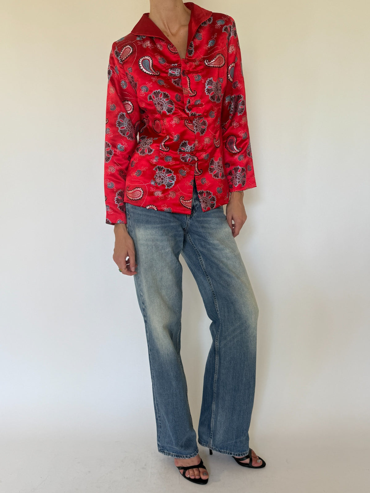 Vintage red satin paisley frog closure jacket full front view