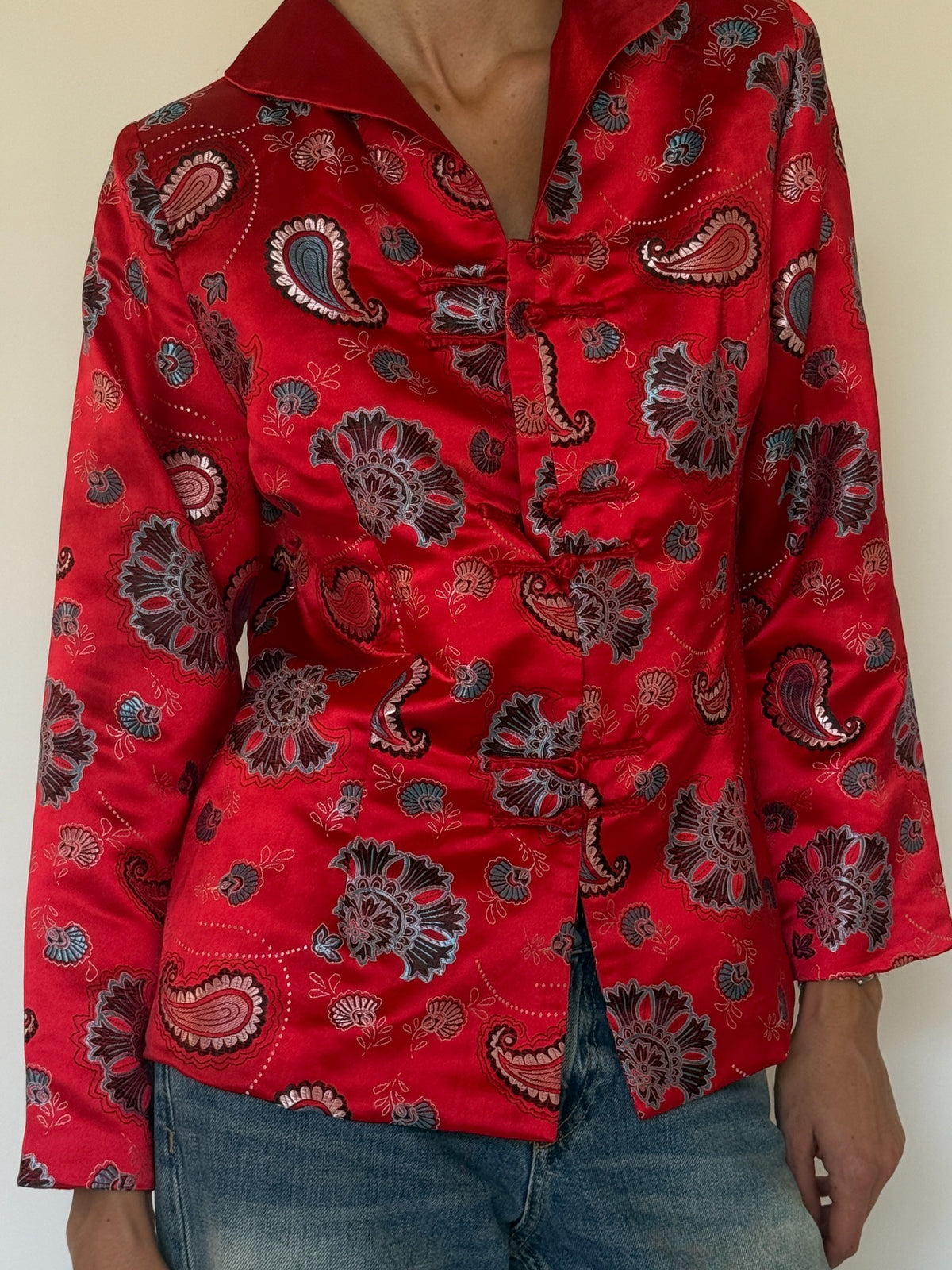 Vintage red satin paisley jacket collar detail