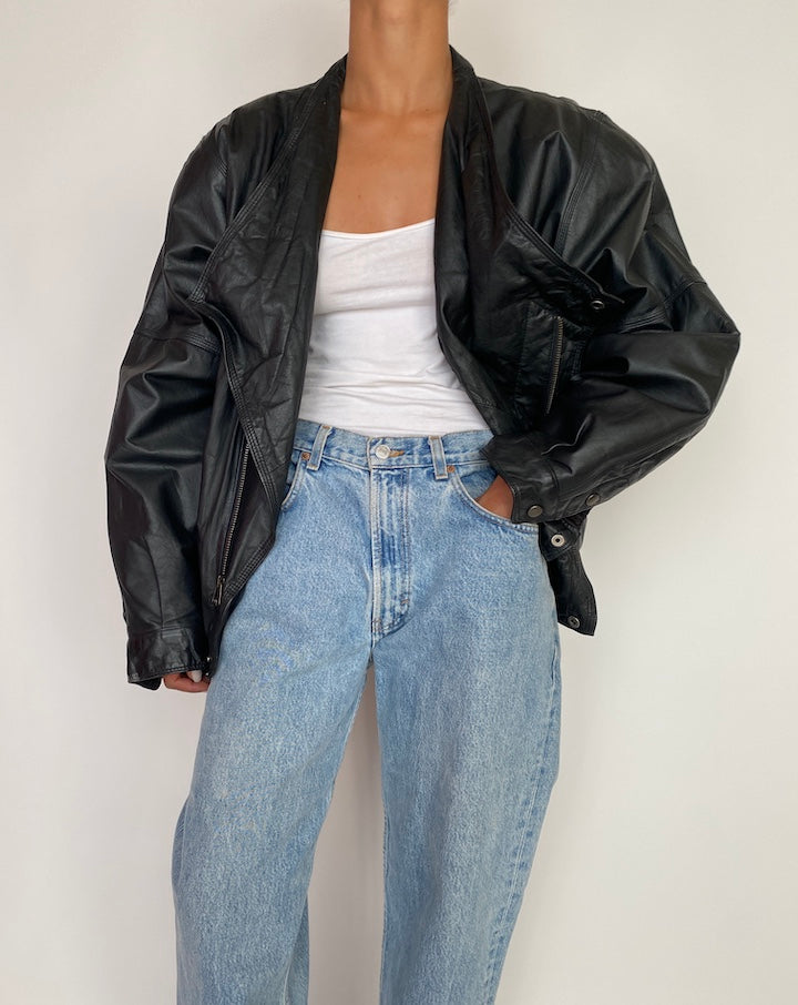 VINTAGE OVERSIZED BOXY BLACK LEATHER JACKET 2980