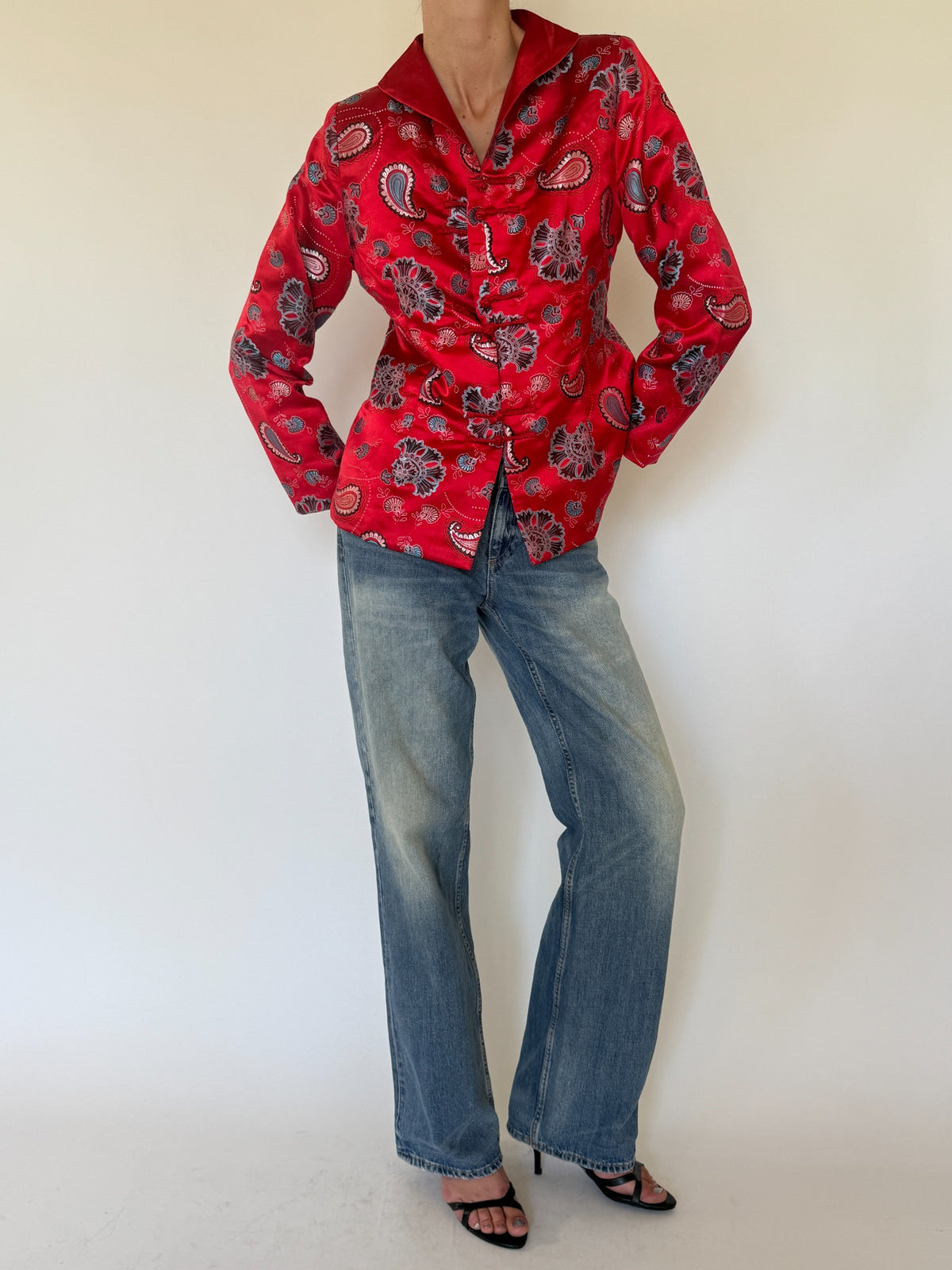 Vintage red satin paisley frog closure jacket styled front view