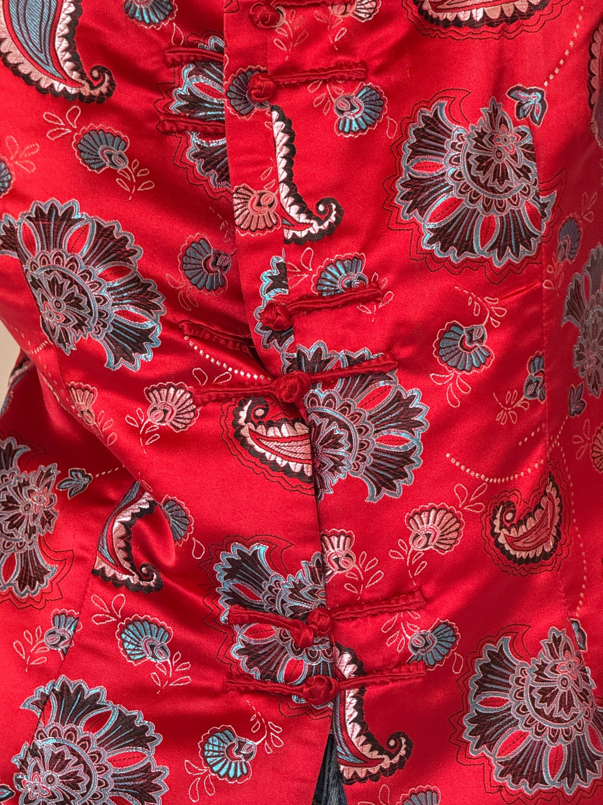 Vintage red satin paisley jacket frog button detail