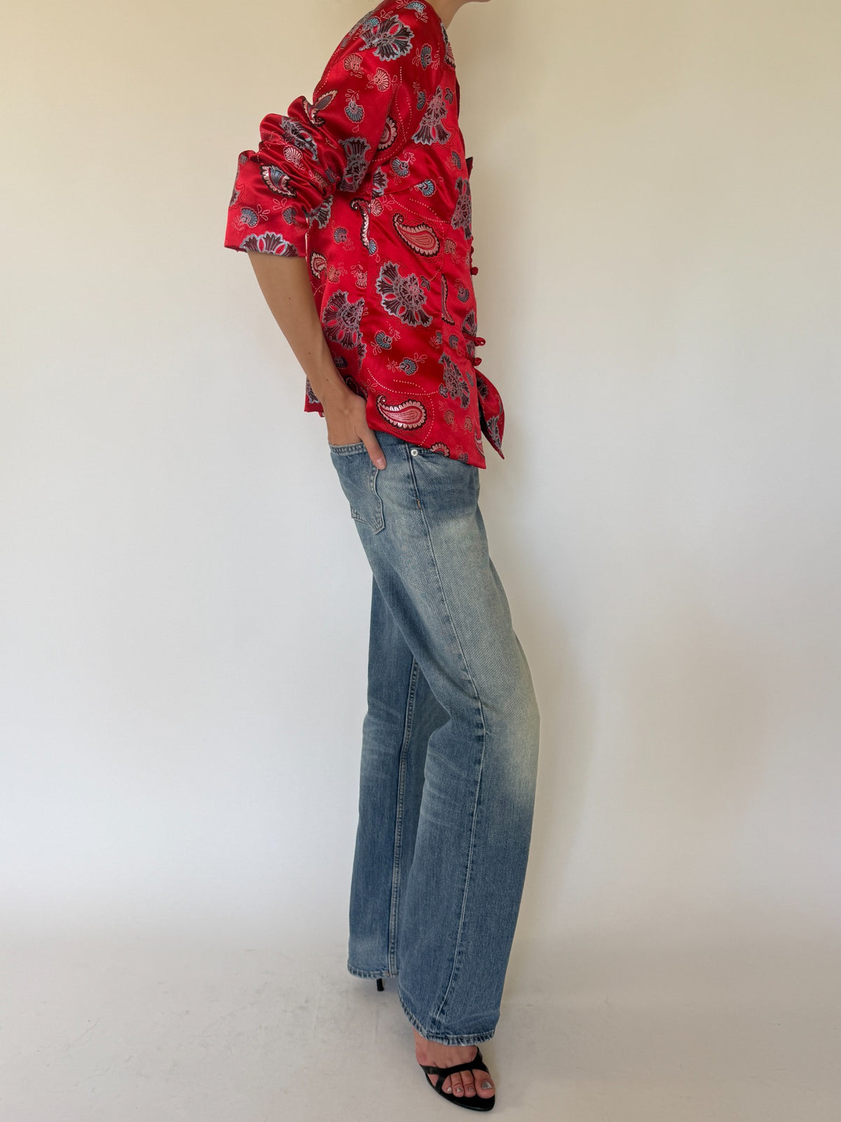 Vintage red satin paisley jacket pattern detail