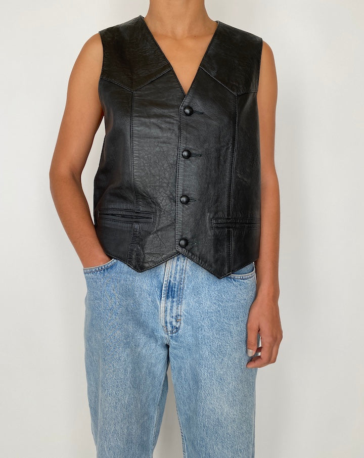 VINTAGE BLACK LEATHER VEST 2414