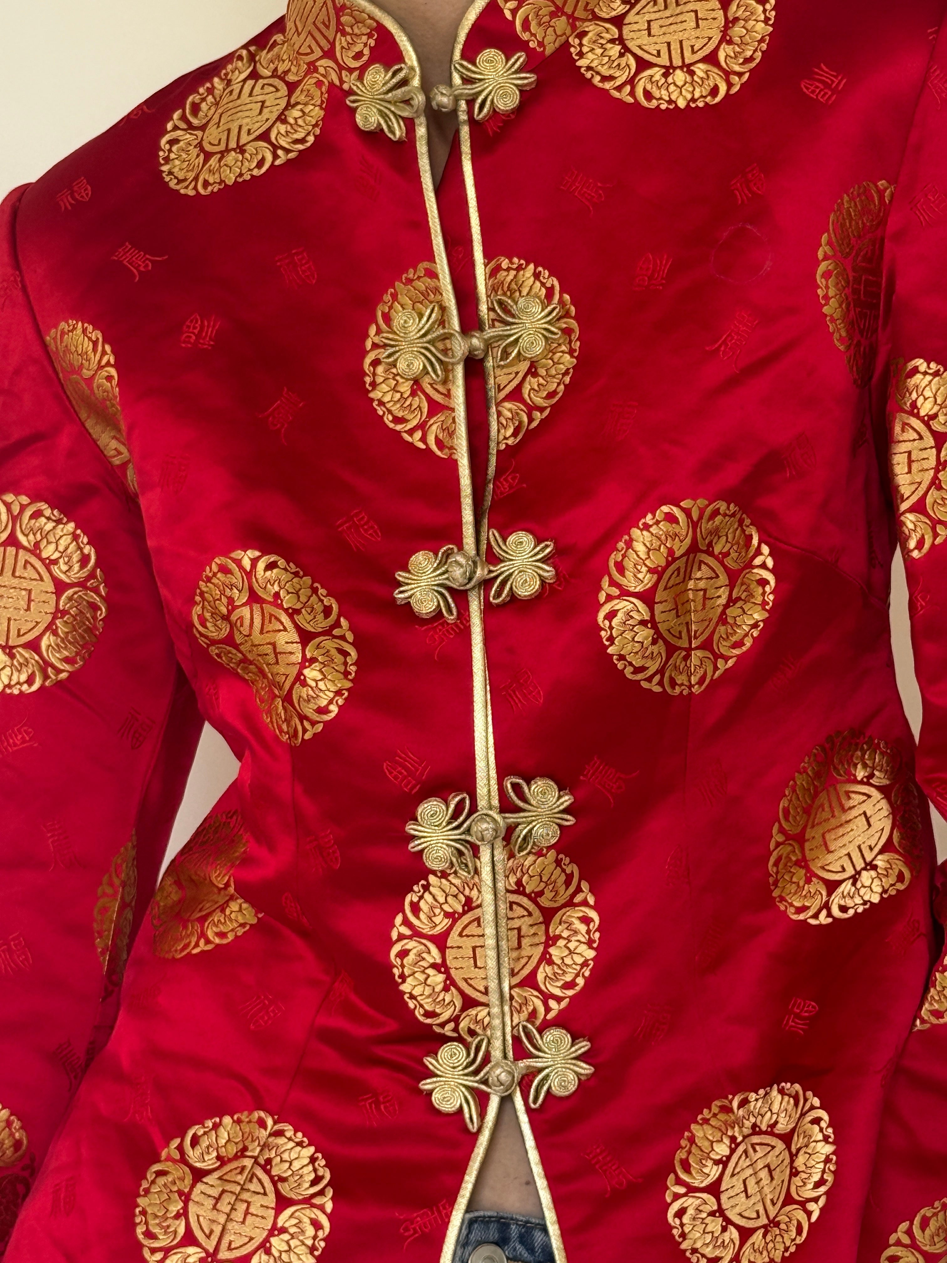 Vintage red brocade jacket front view