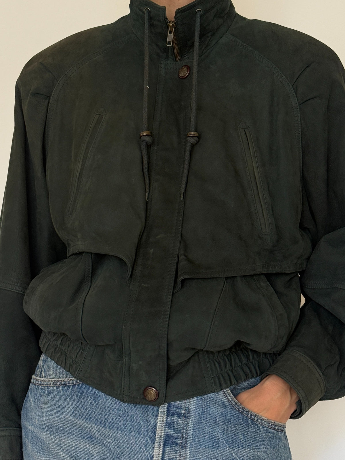 Vintage forest green leather bomber jacket