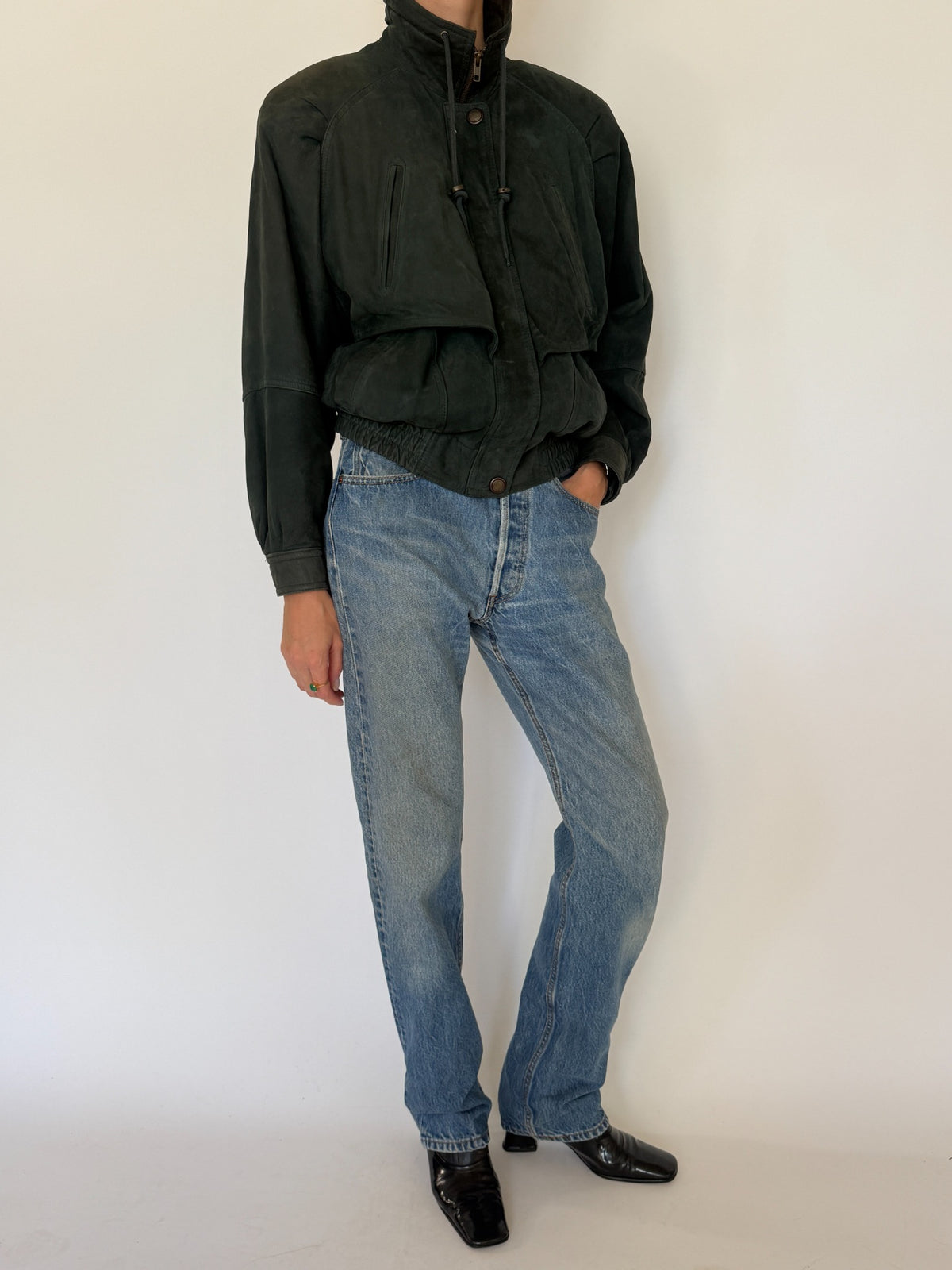 Vintage forest green leather bomber jacket
