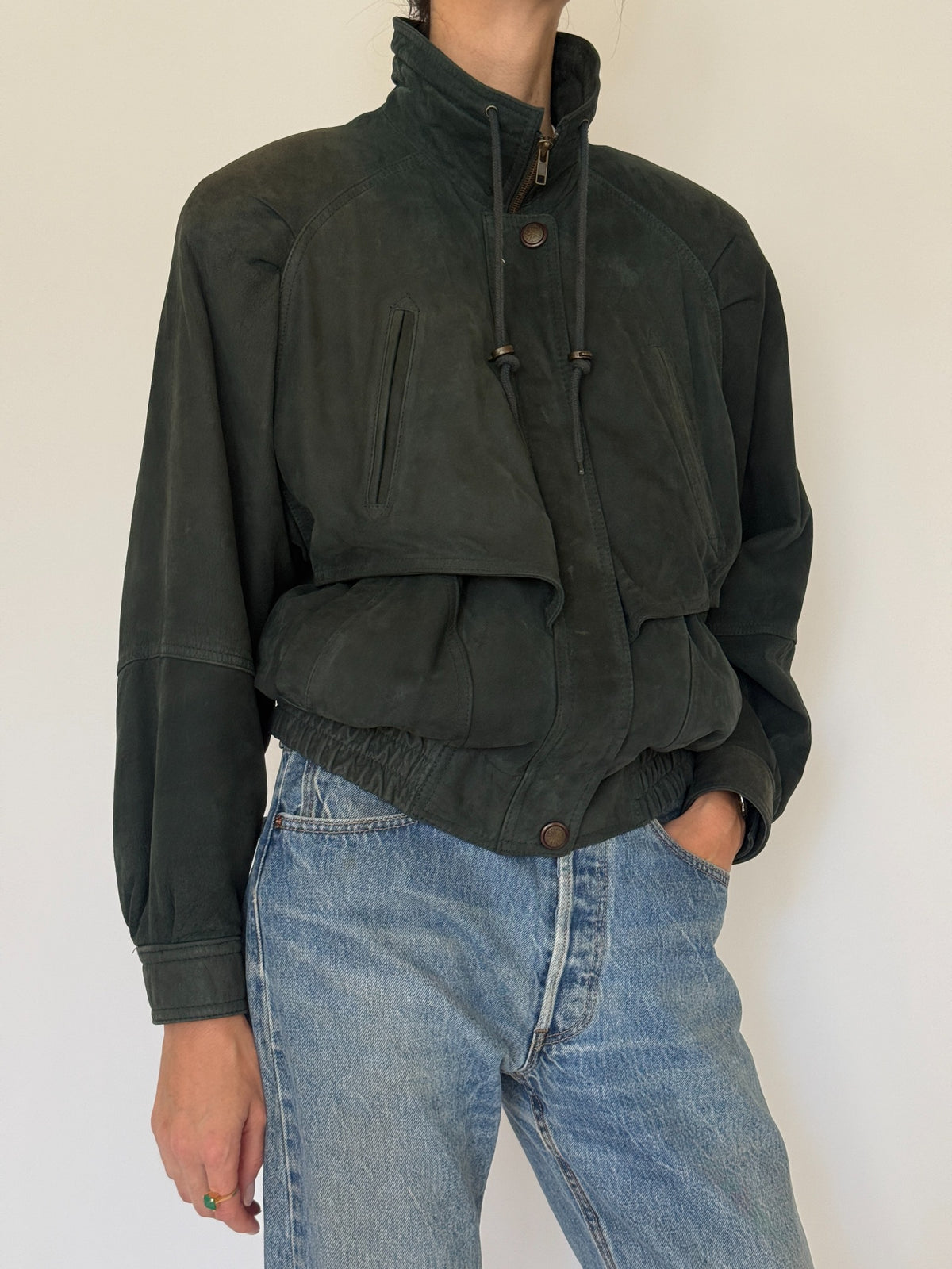 Vintage forest green leather bomber jacket