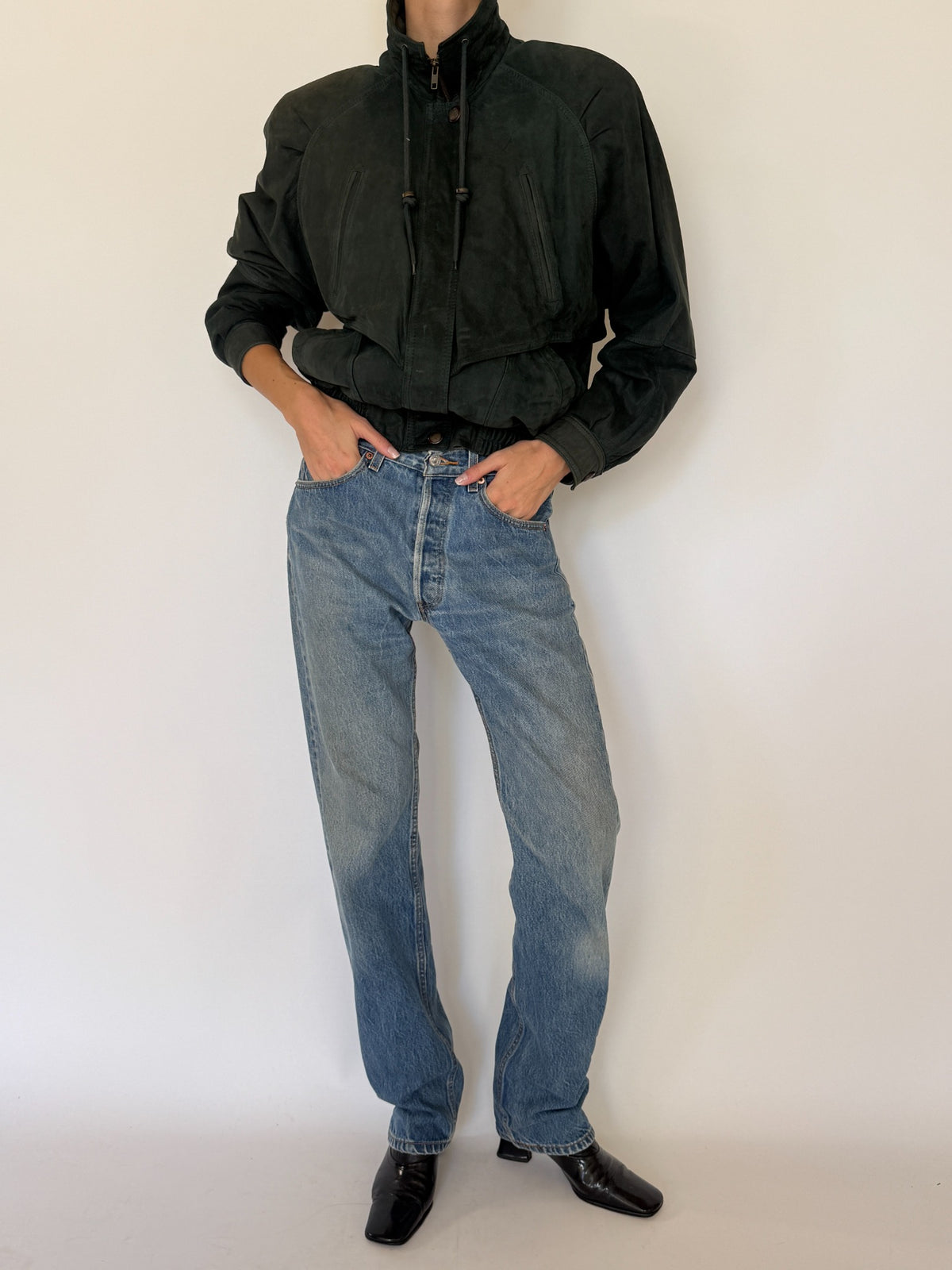 Vintage forest green leather bomber jacket