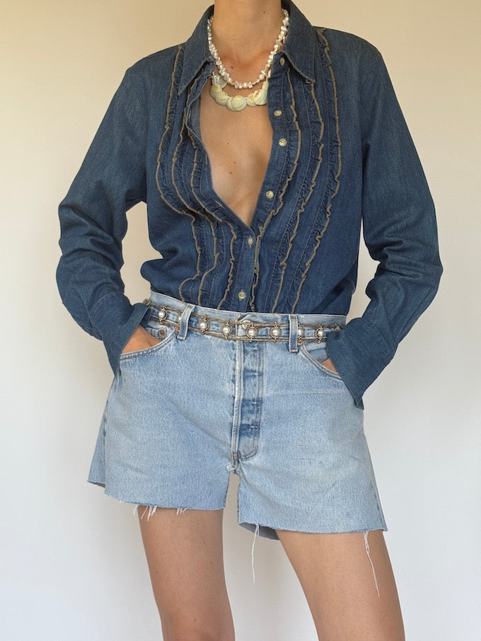 Vintage western-inspired ruffled denim shirt 6336
