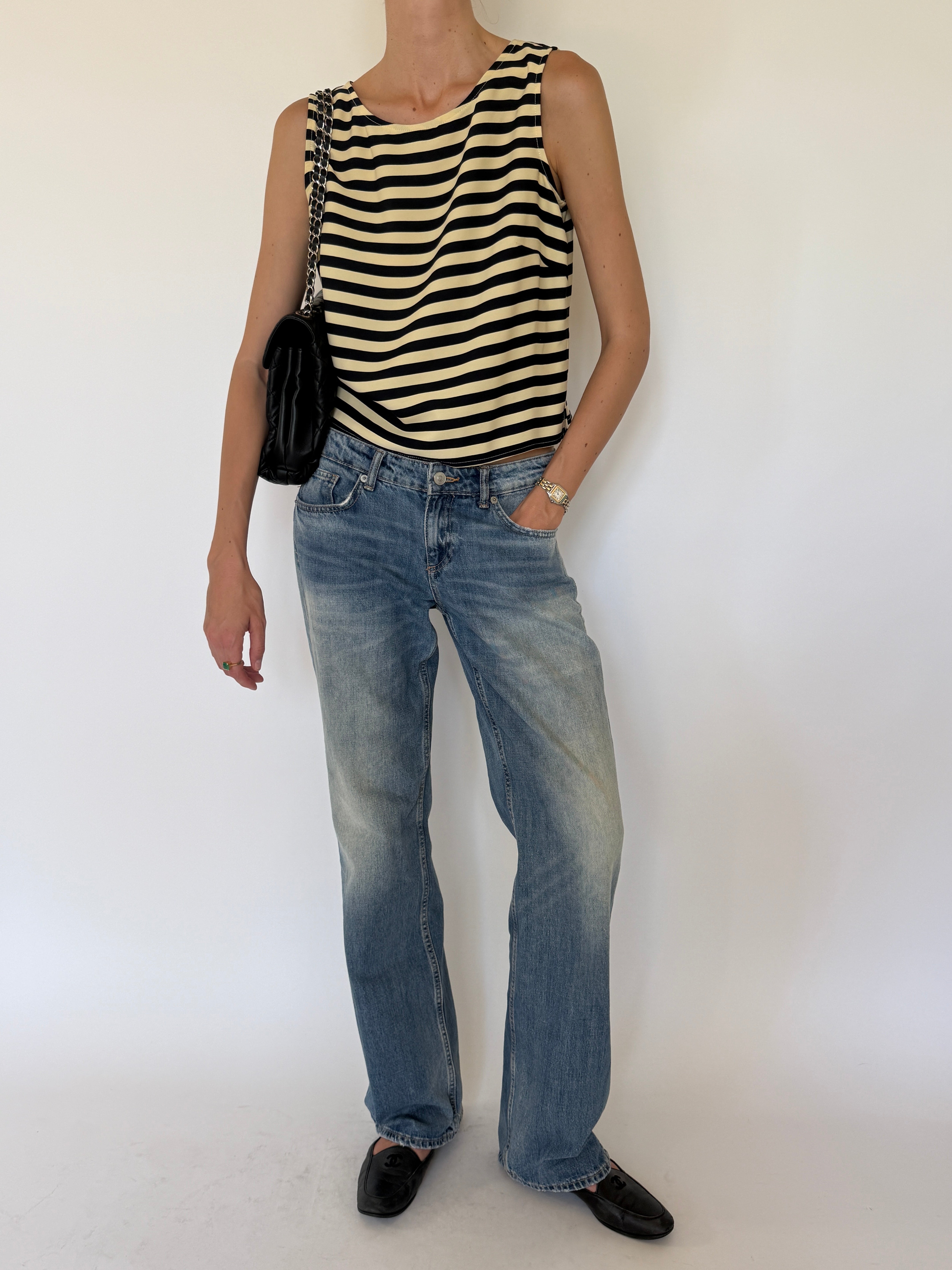 Vintage black and butter yellow striped sleeveless top front view