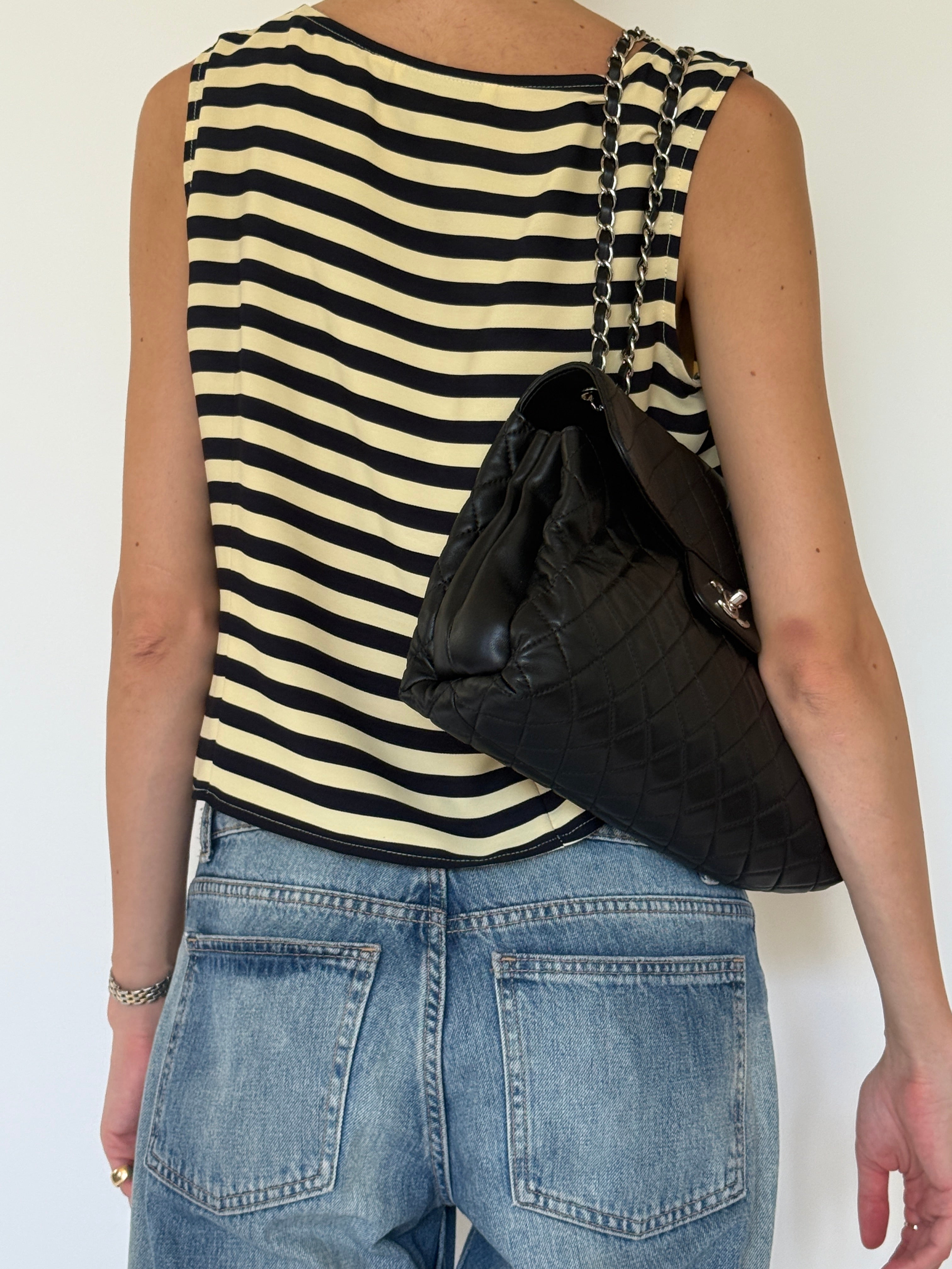 Vintage black and butter yellow striped sleeveless top back view