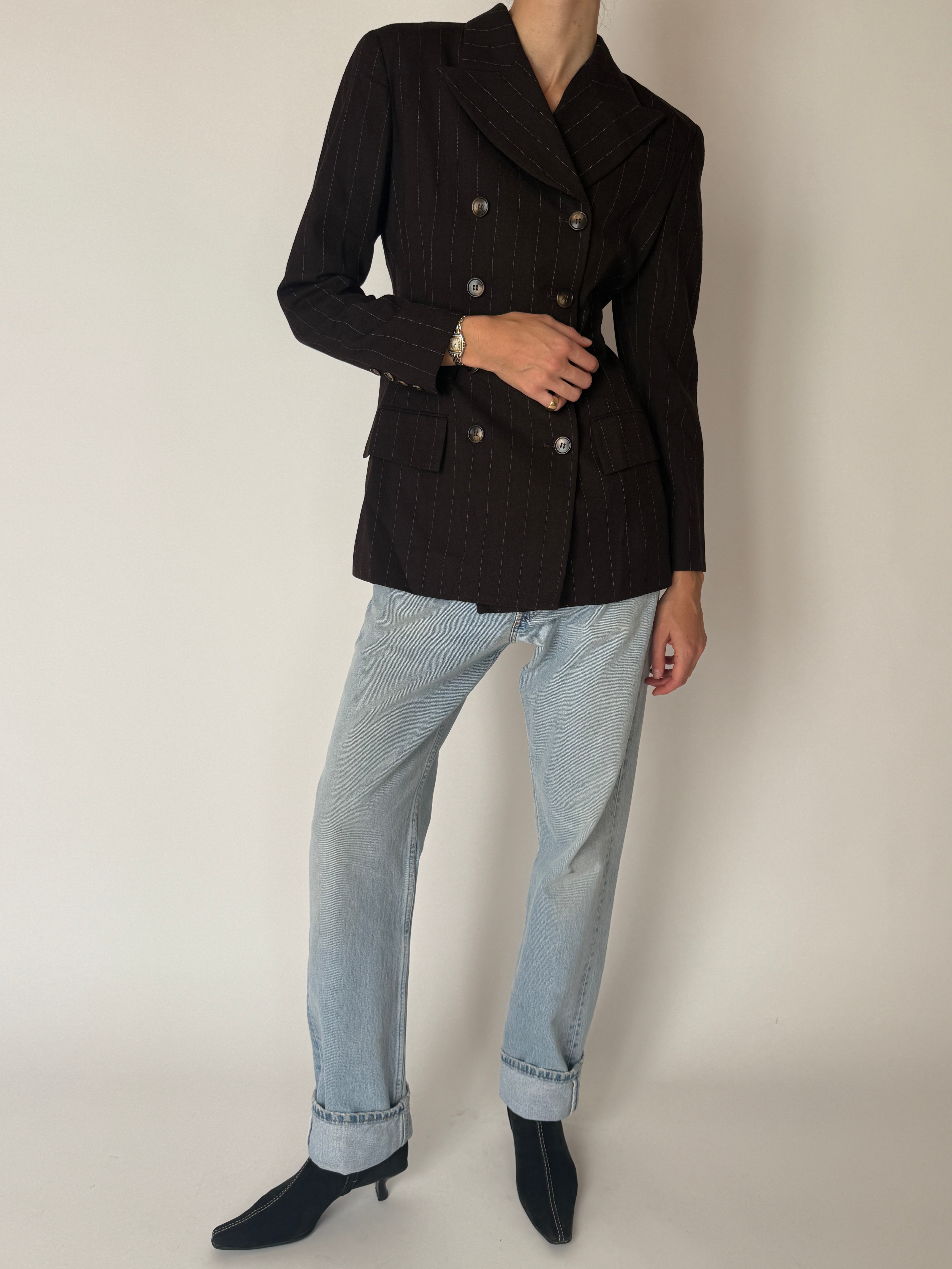 Vintage Tailored Double-Breasted Pinstripe Blazer Brown 6648