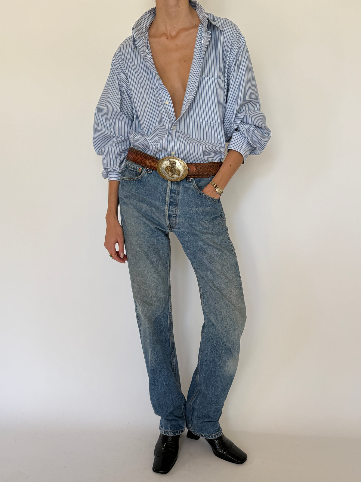 Vintage Oversized Stripe Cotton Shirt Light Blue 7934