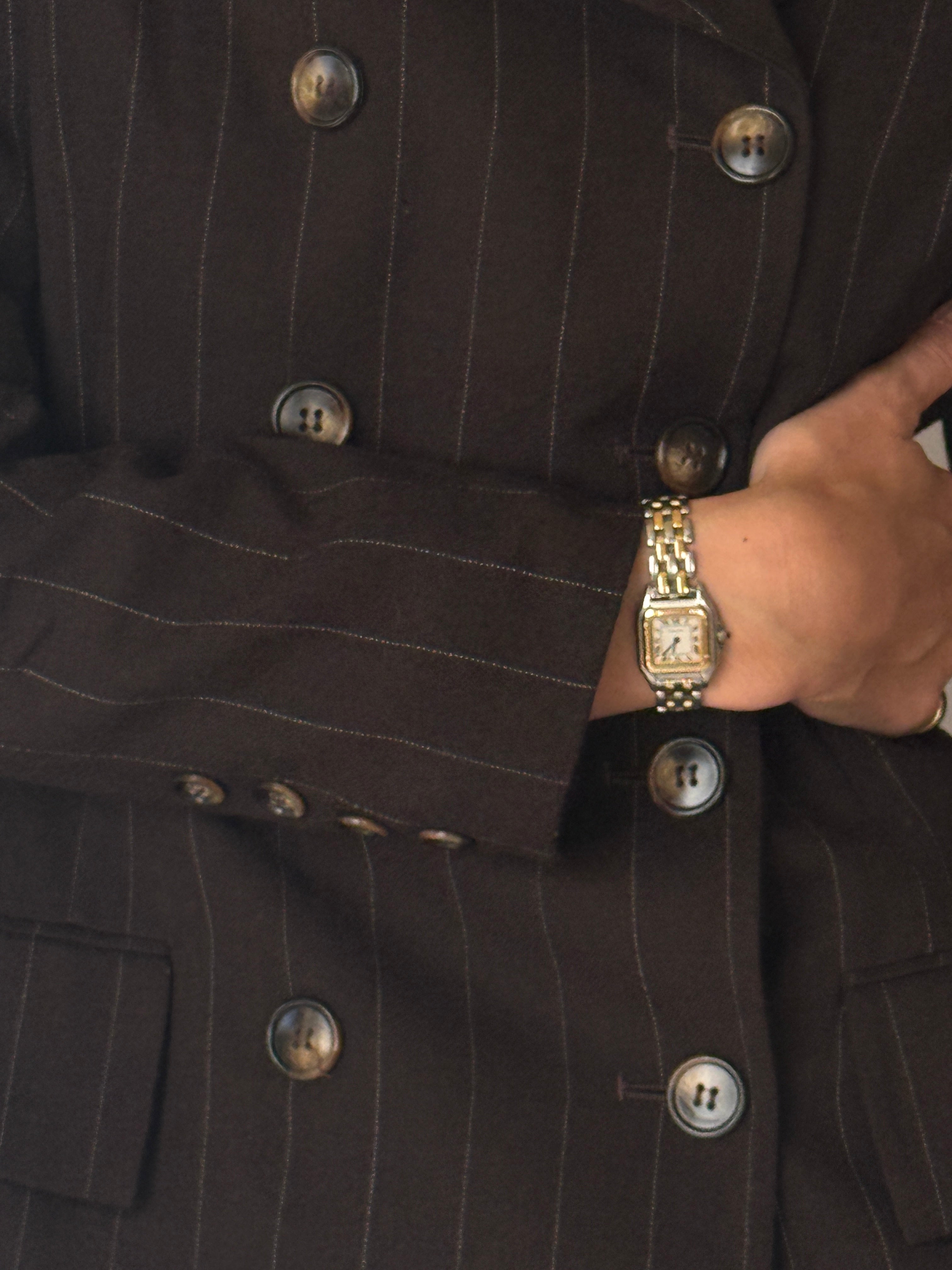 Vintage Tailored Double-Breasted Pinstripe Blazer Brown 6648